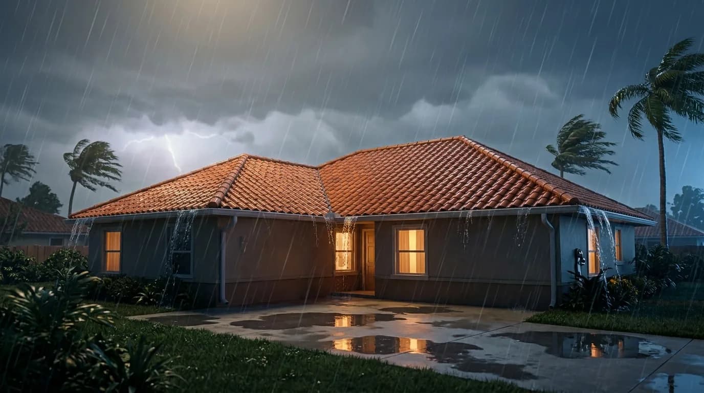 A tile-roof Florida home at night in a heavy rainstorm, water pouring off the eaves