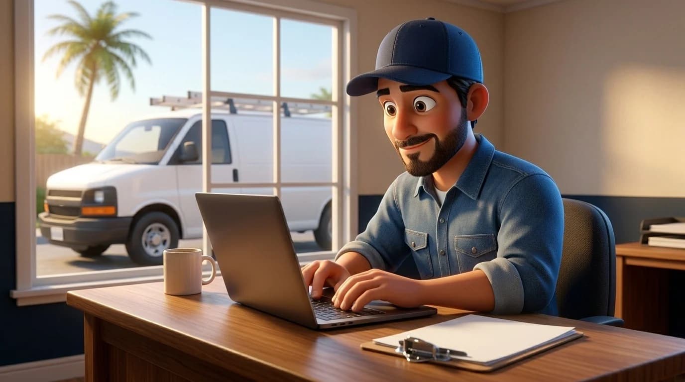 Illustration: a roofer at his desk, typing on a laptop beside a clipboard, his work van outside the window