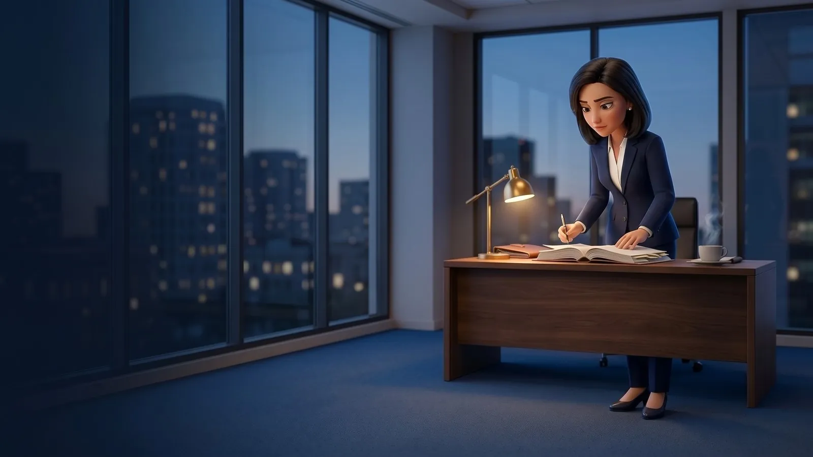 A woman attorney in a navy suit at her desk under a brass lamp, annotating a case file at dusk.