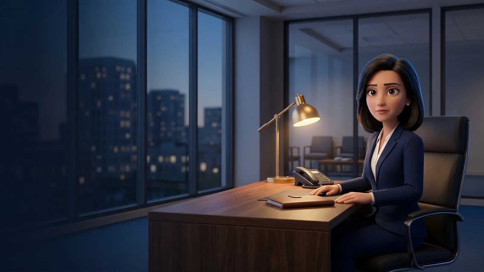 An attorney alone at her desk at dusk beside a silent phone, an empty waiting room behind her