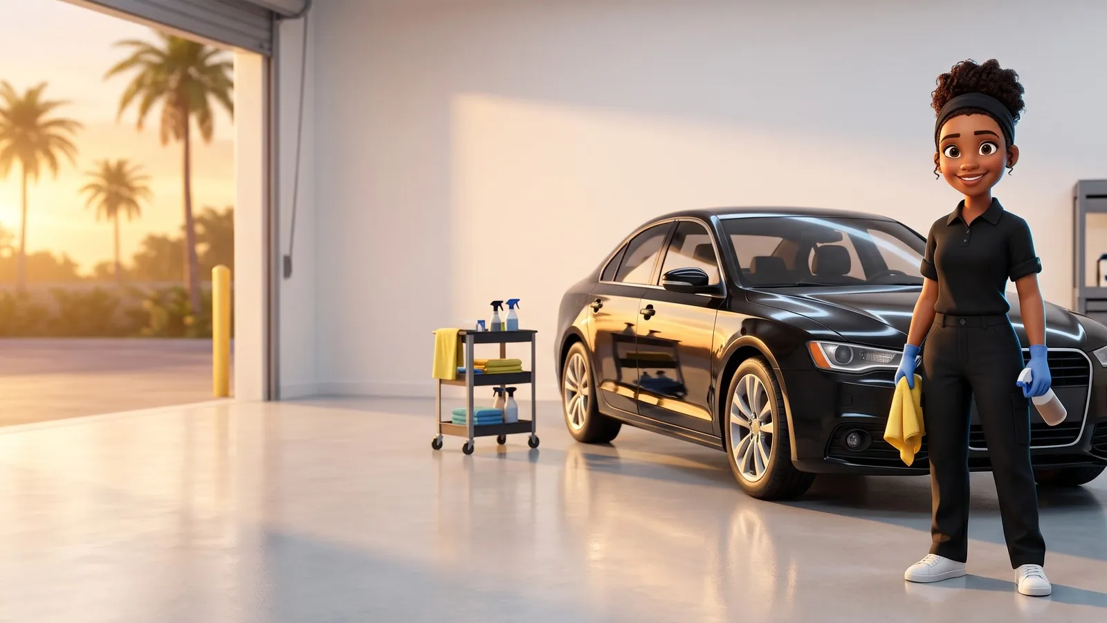 A detailer in a black polo and blue gloves beside a mirror-finish black car in a bright bay.