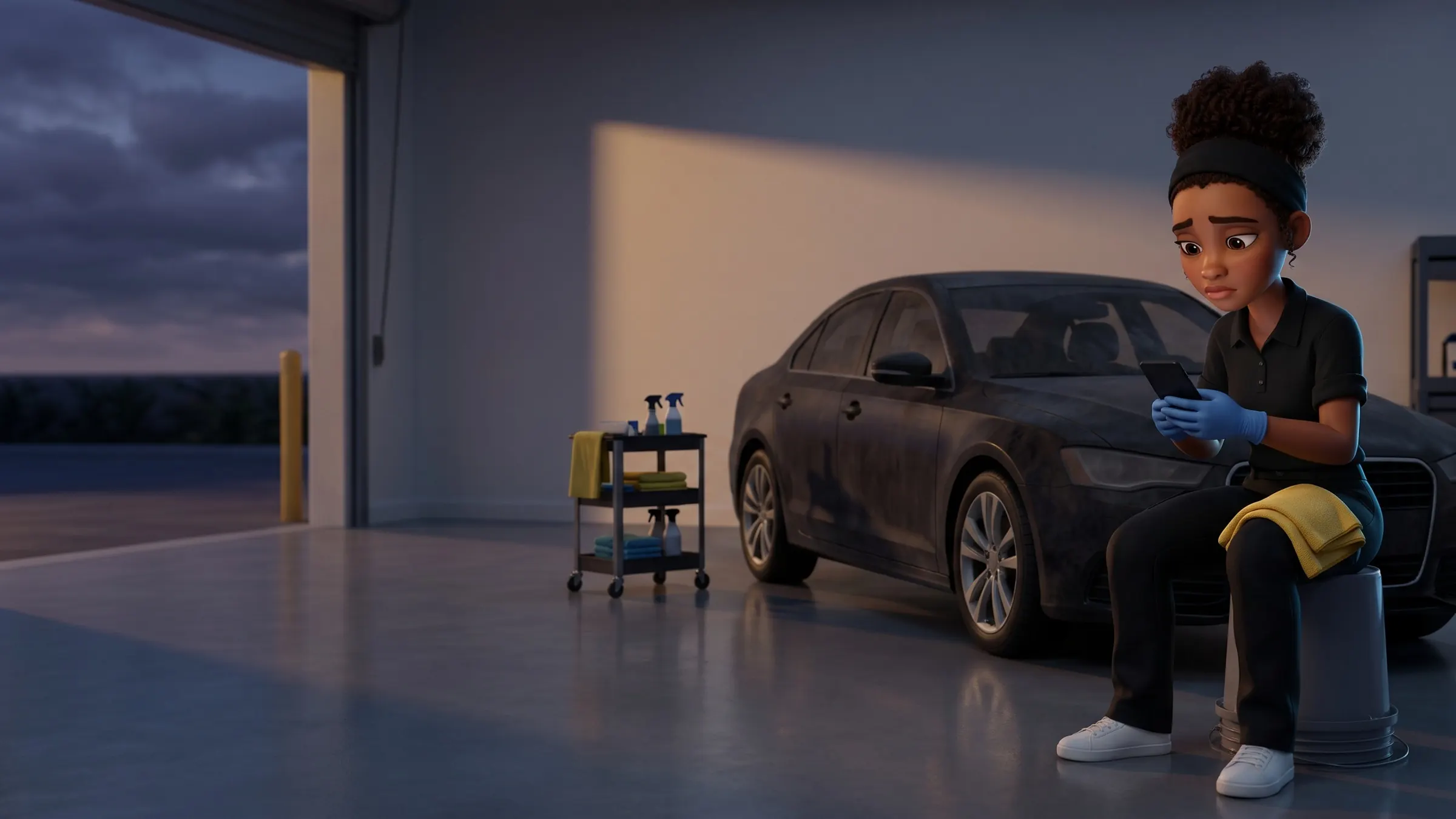 She sits on a bucket beside a dull, dusty car at dusk looking at a dark phone.