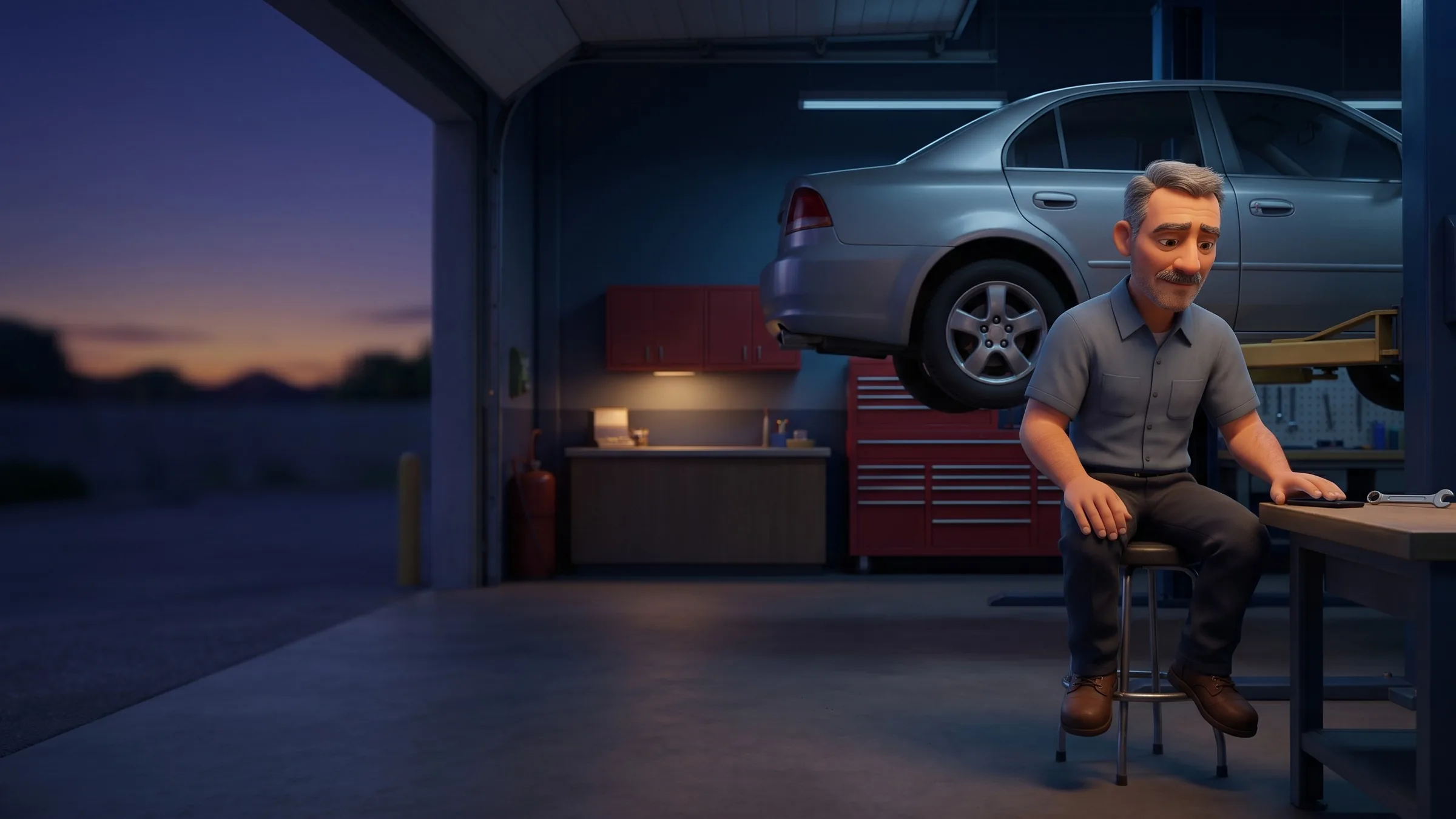 A worried mechanic sits on a stool in an empty auto repair shop at dusk, a dark phone and a wrench on the workbench beside him and a silver car on the lift behind him.