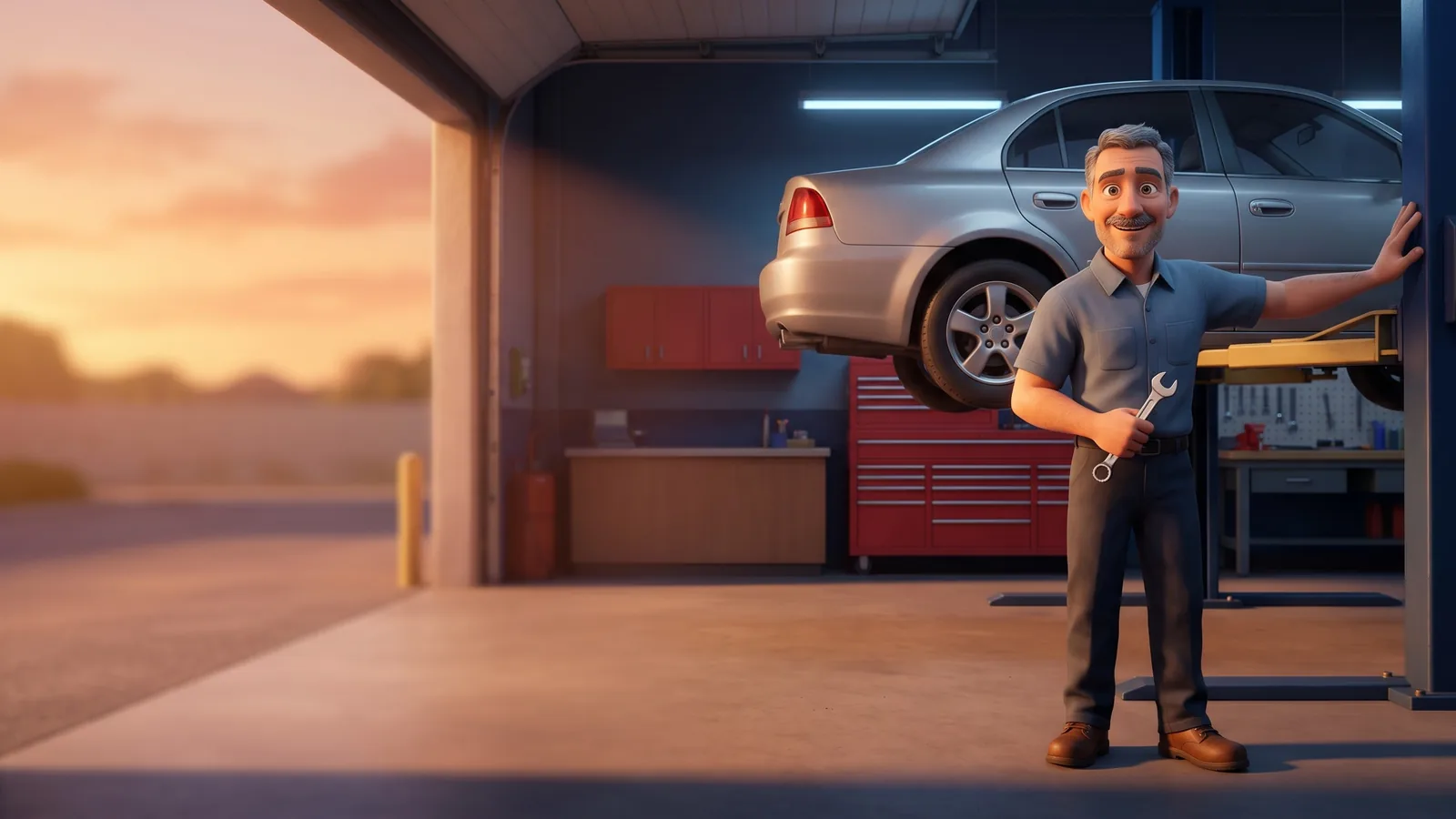 A friendly mechanic in a blue-grey work shirt smiles beside a silver car raised on a lift in a clean auto repair shop at golden hour