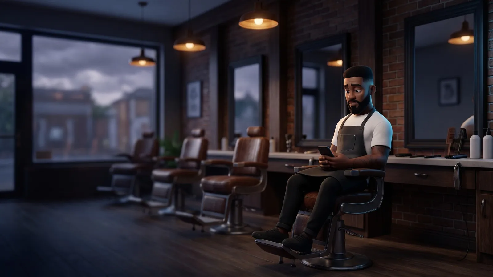 He sits in an empty chair of the quiet shop at dusk looking at a dark phone.