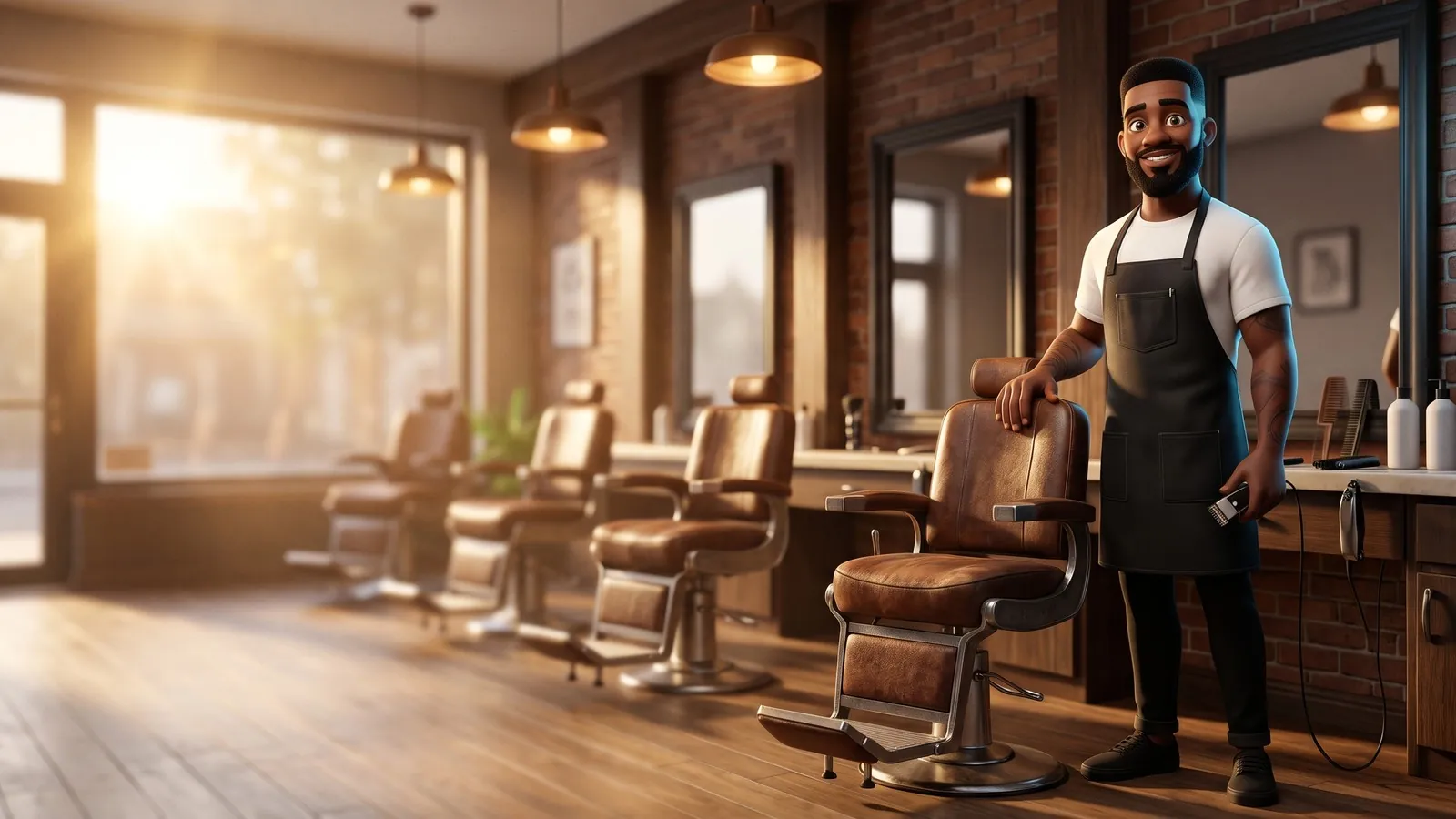 A barber in a black apron stands beside a leather barber chair with clippers in a warm golden-hour shop.