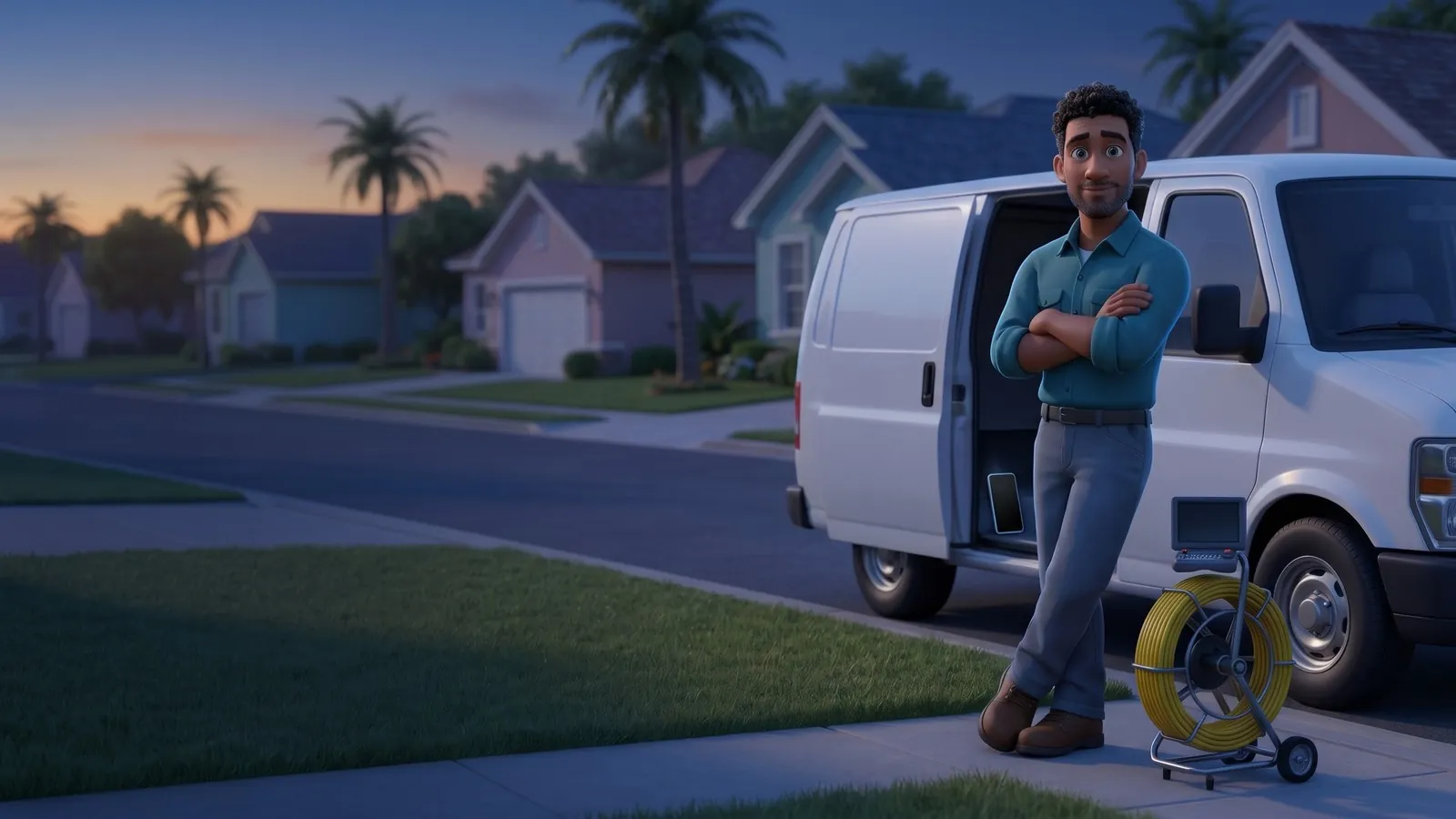 A drain technician leans on his white van at dusk beside an idle camera inspection reel, with a dark phone and an empty street.