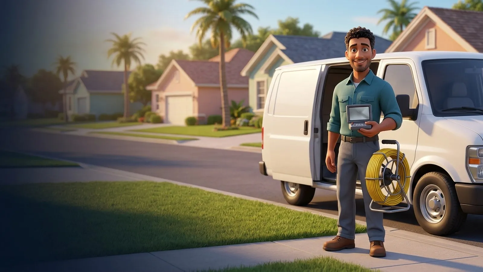 A friendly drain cleaning technician in a teal shirt holds a camera inspection reel and monitor beside a plain white van on a sunny Florida street.