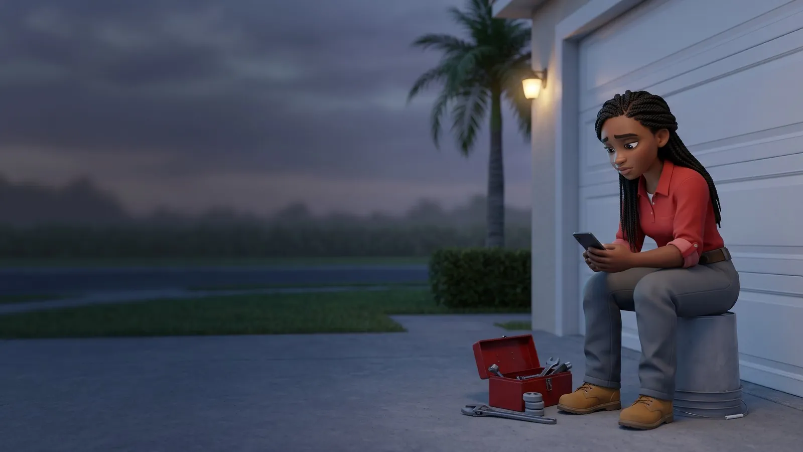 A worried garage-door technician sits on an upturned bucket by a closed garage door at dusk looking at a dark phone, a toolbox and new rollers beside her.