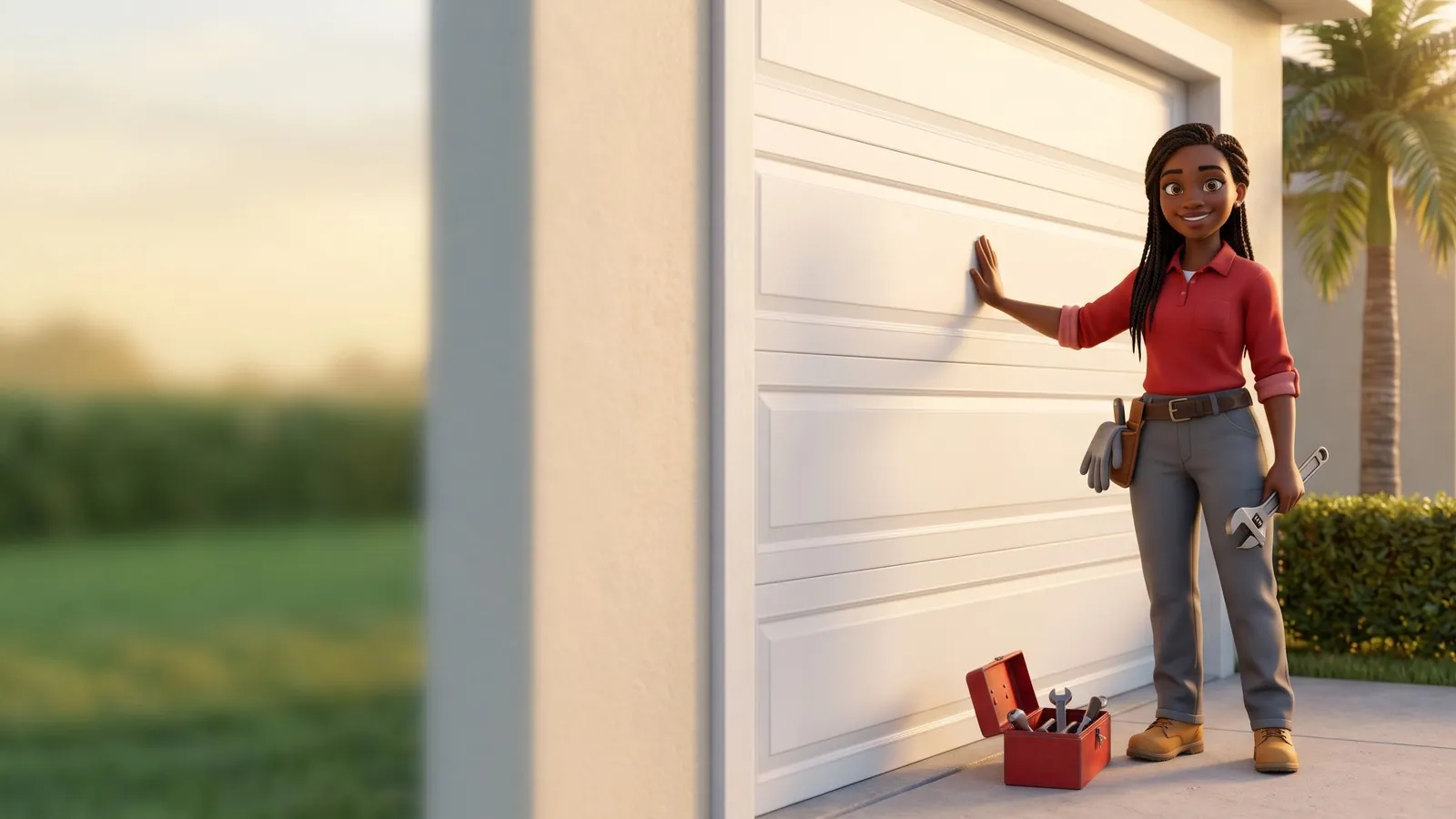 A garage-door technician in a red polo smiles beside a new white garage door at golden hour, one hand on the door and an adjustable wrench in the other, a red toolbox at her feet.