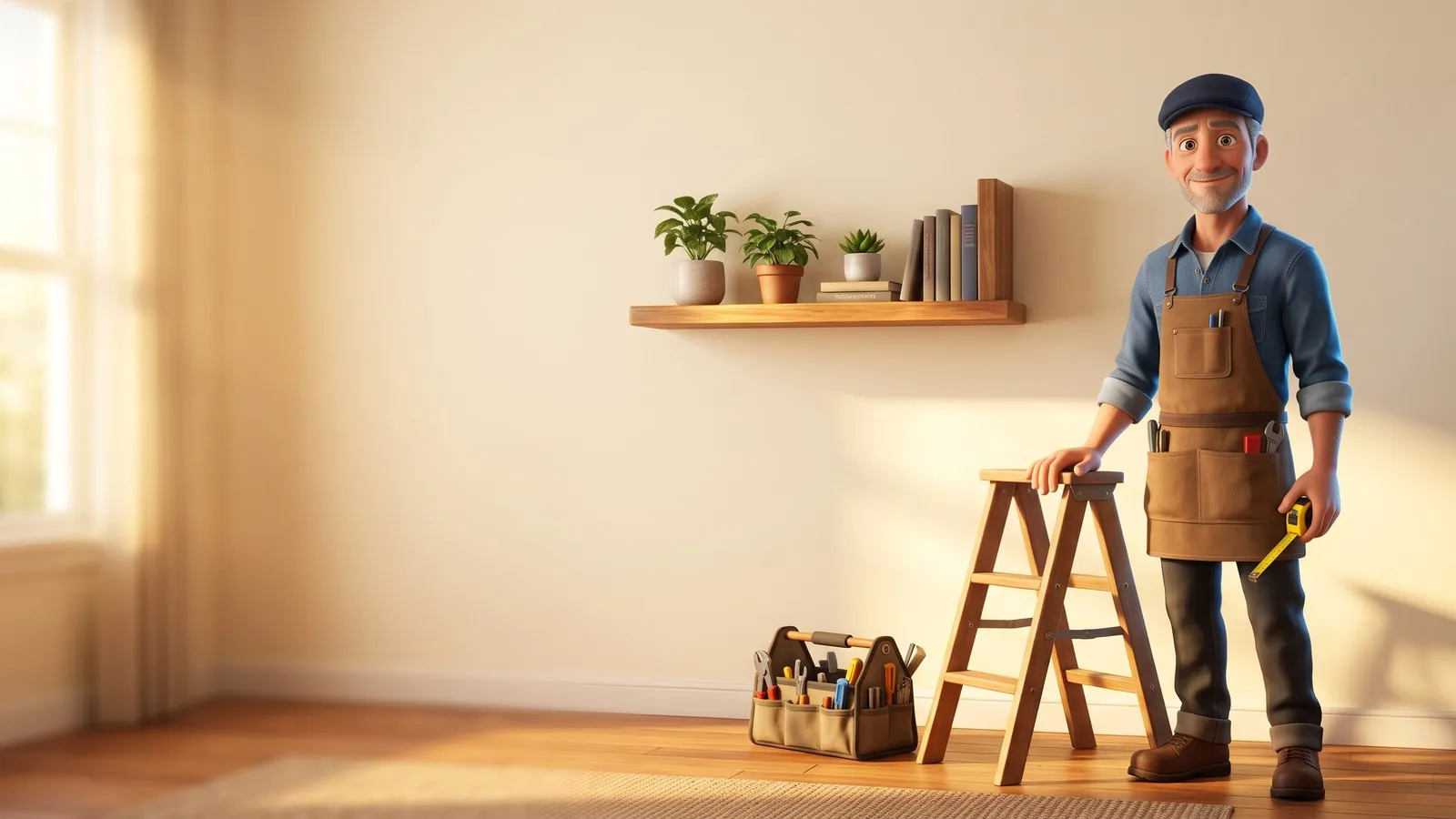 A handyman in a flat cap and tool apron smiles beside a stepladder in a sunlit living room, a tape measure in his hand
