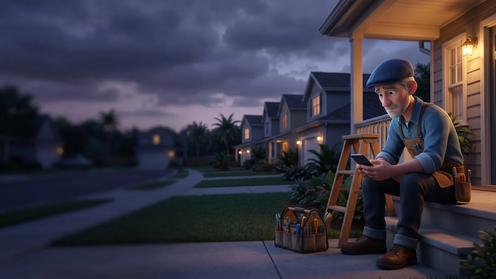 A handyman sits on a front porch step at dusk looking at a dark phone, his tool bag and stepladder beside him