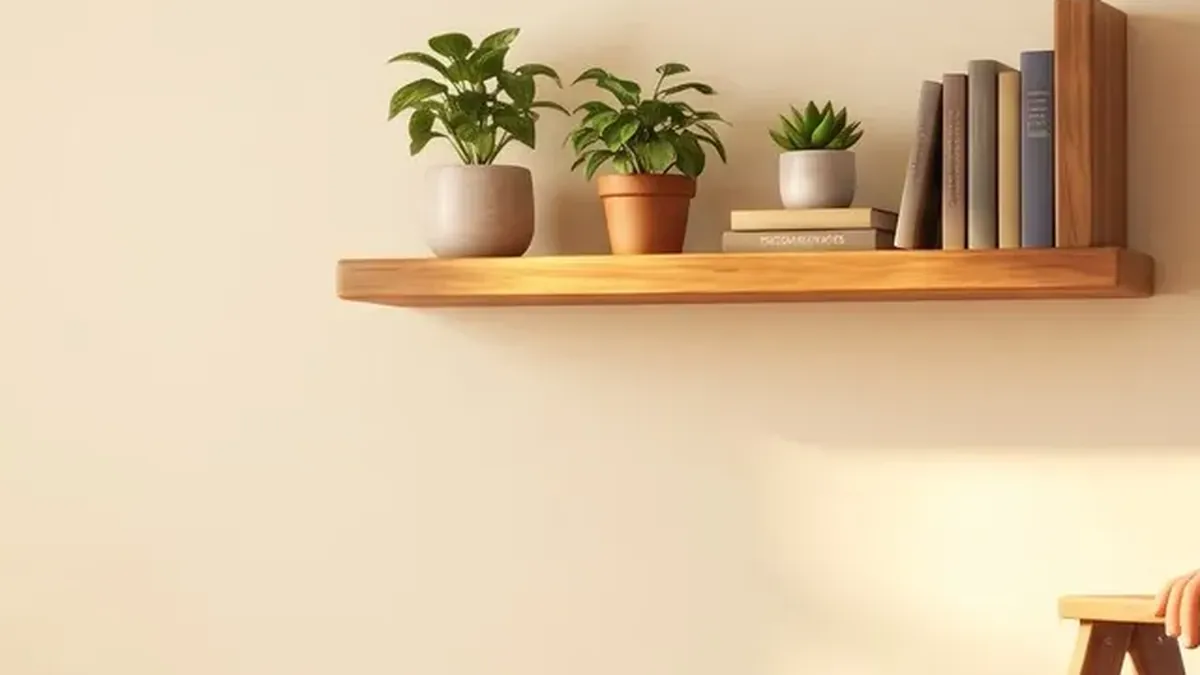 A new wooden wall shelf with potted plants above a wooden stepladder in a sunlit living room