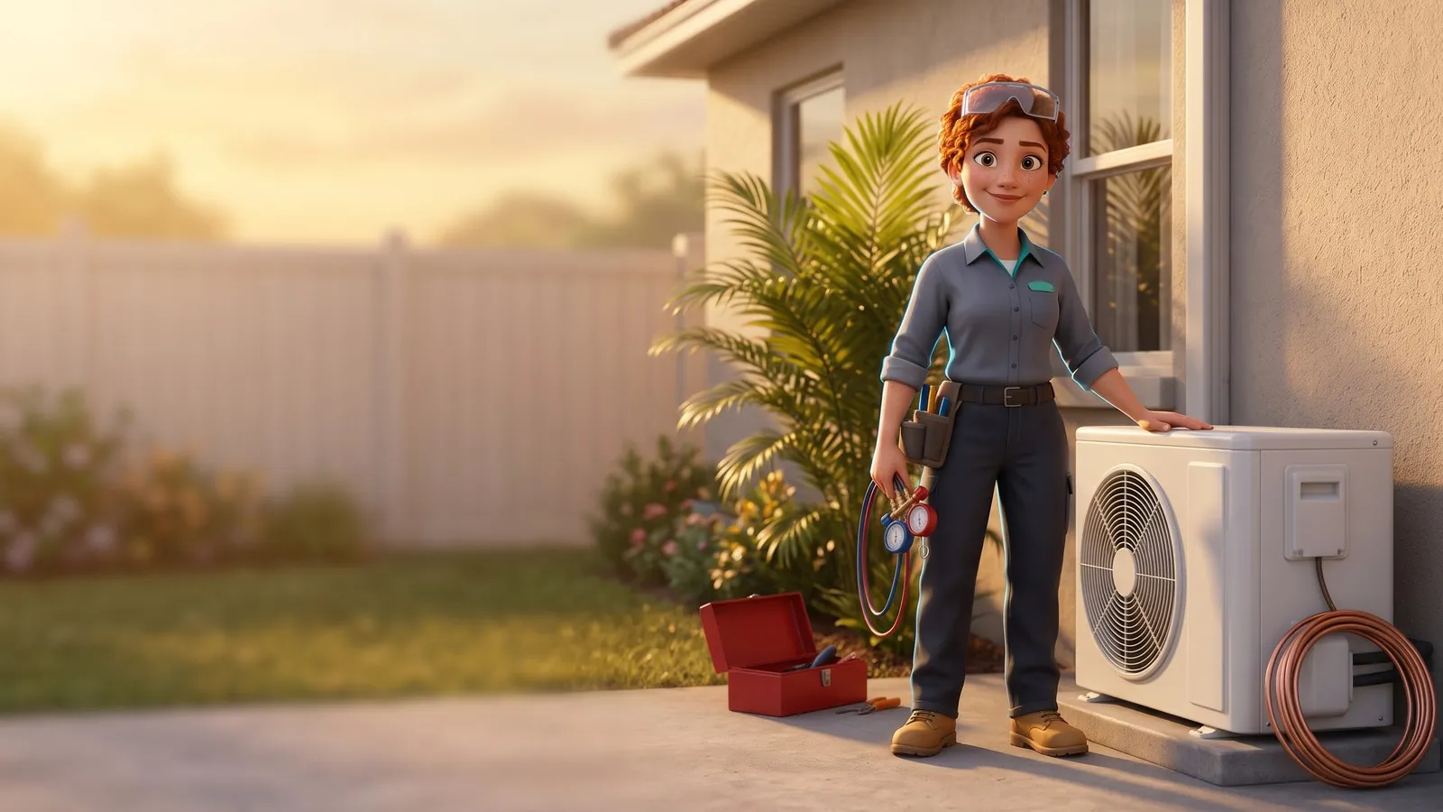 An HVAC technician smiles beside an outdoor air-conditioner unit at golden hour, a gauge set in her hand