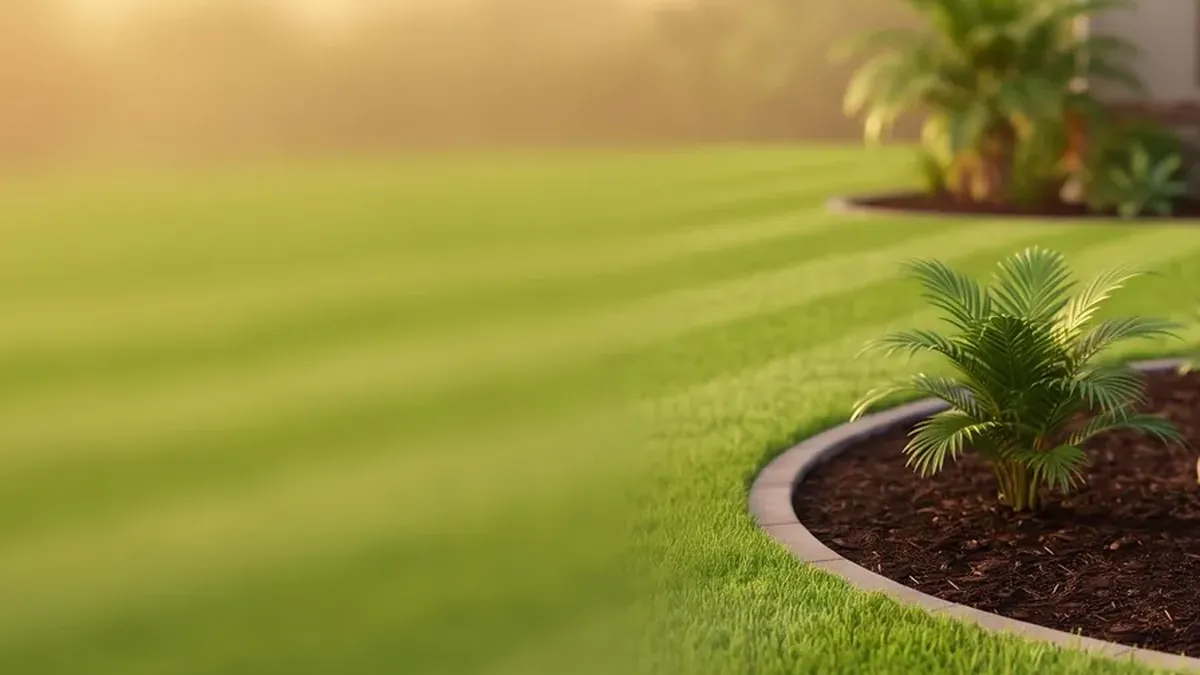 A freshly mulched garden bed edged against a striped lawn at golden hour, a small palm growing in the bed