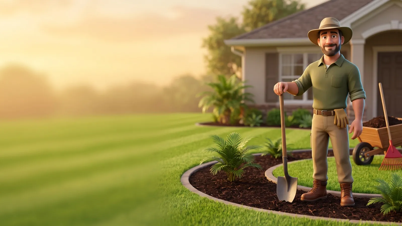 A landscaper in a tan wide-brim hat and olive polo smiles beside a freshly mulched garden bed at golden hour.
