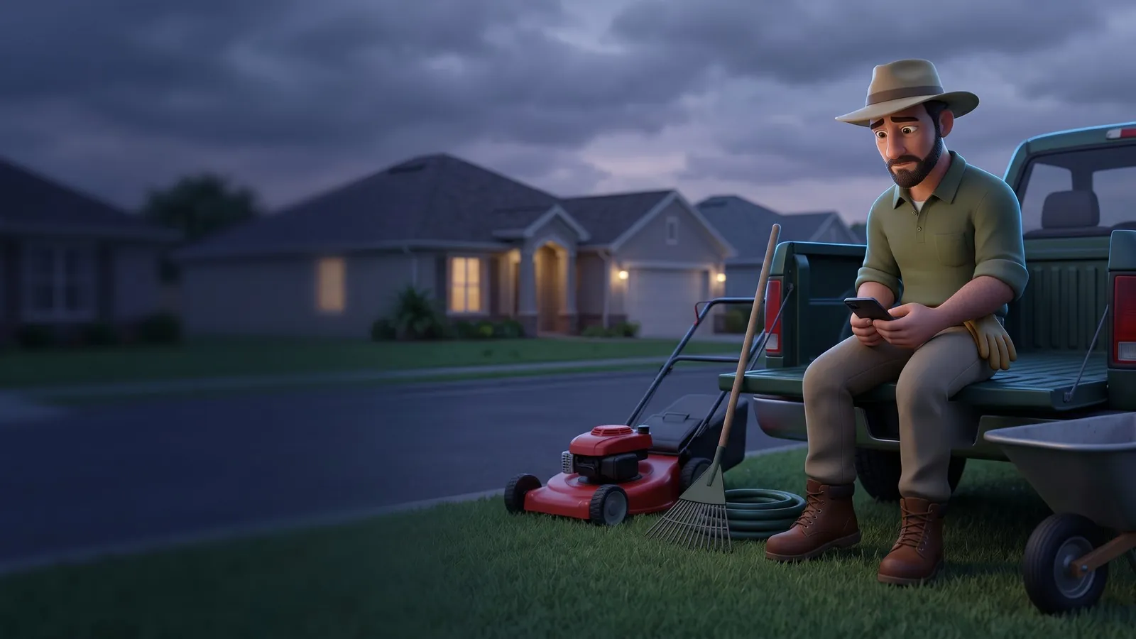 A worried landscaper sits on his truck tailgate at dusk looking at a dark phone, an idle red mower, rake and empty wheelbarrow beside him on a quiet street.