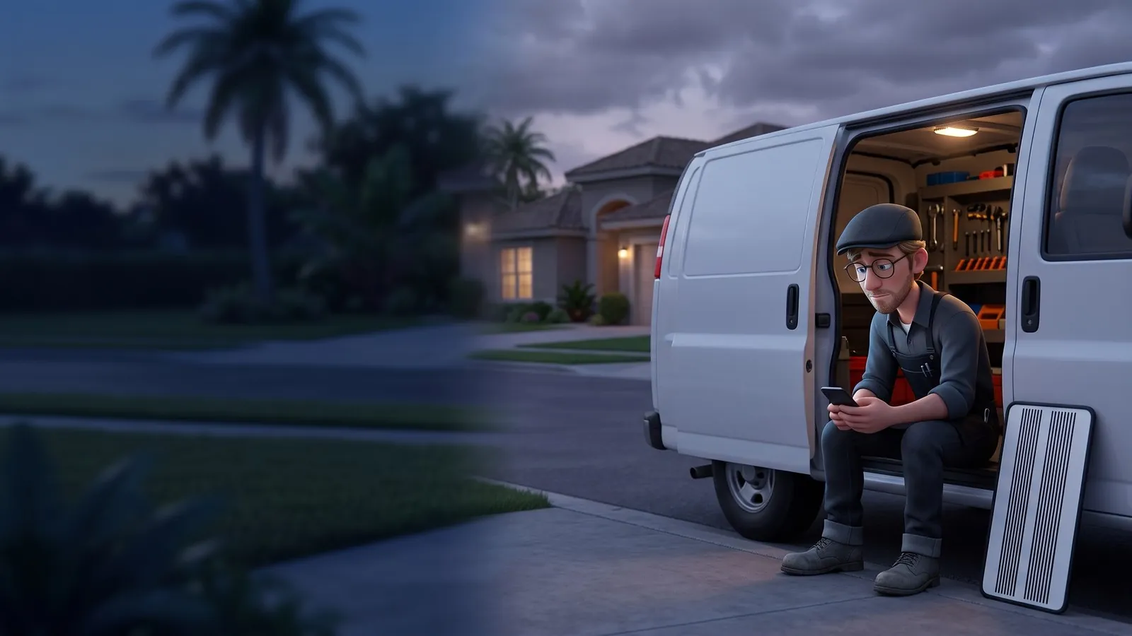 A dent-repair technician sits on his van step at dusk, looking at a dark phone.