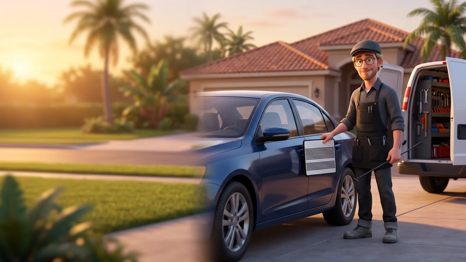 A dent-repair technician holds a striped reflection board against a smooth car door beside his open work van at golden hour.