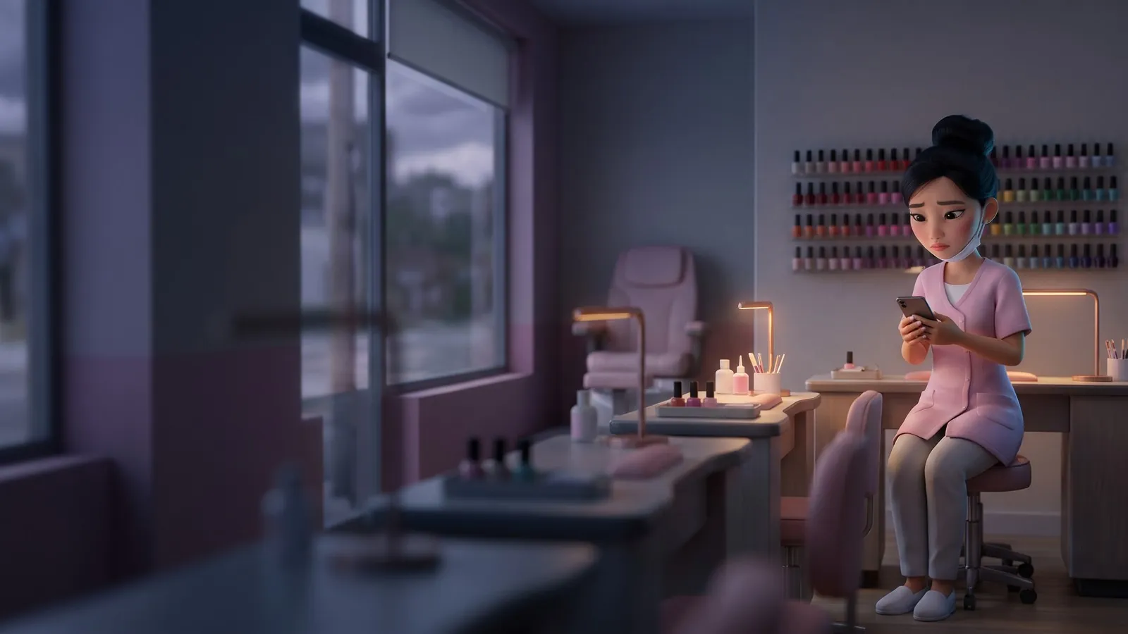 She sits alone at her manicure table at dusk looking at a dark phone.