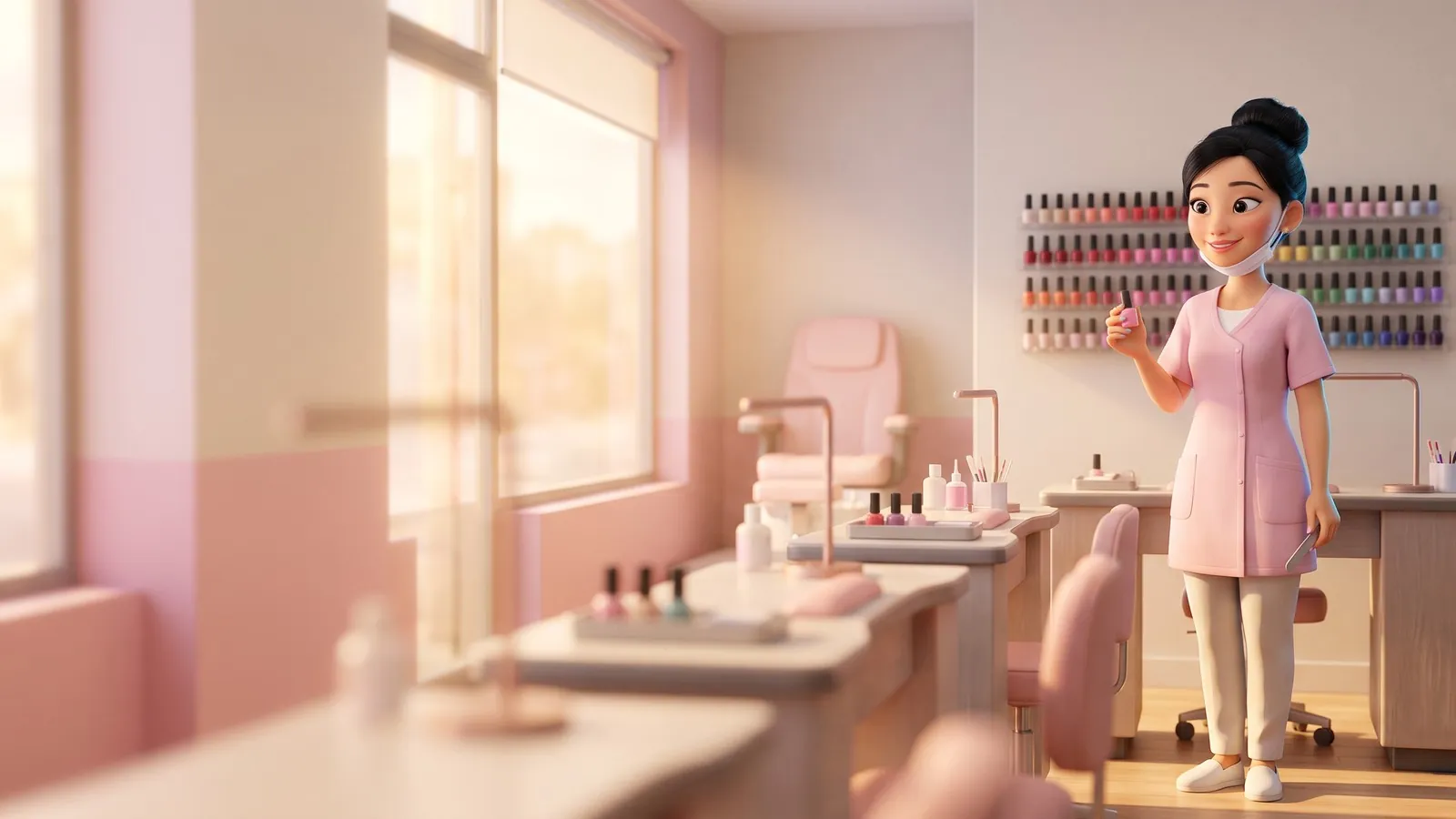A nail technician in a pink smock holds a polish bottle in a pastel salon at golden hour.