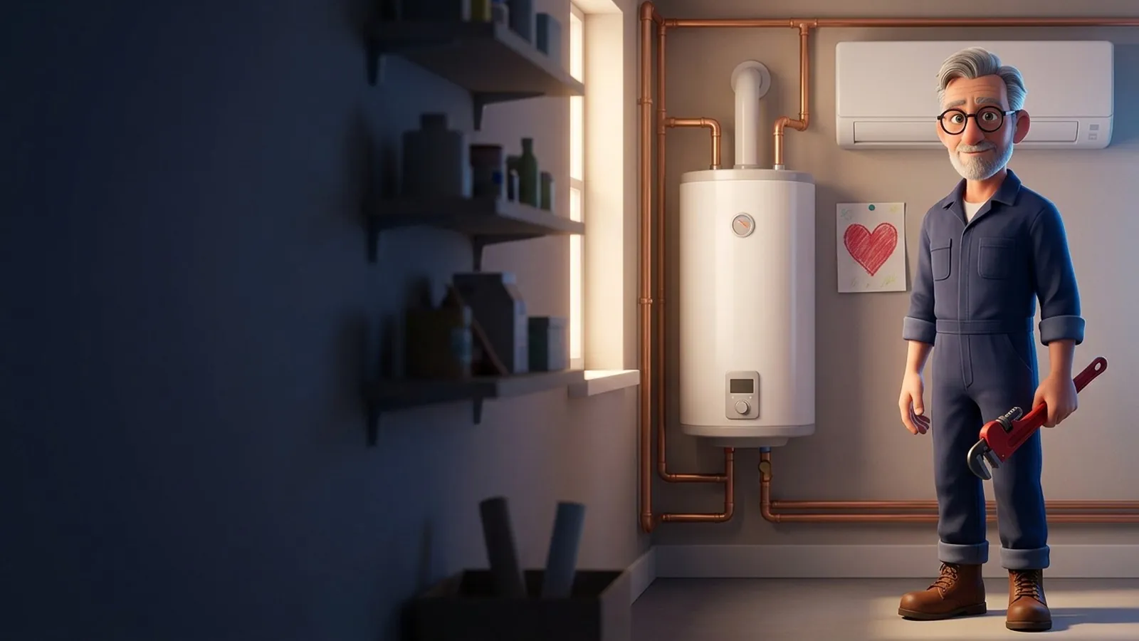 A grey-haired plumber in glasses with a red pipe wrench beside a clean water heater in a tidy utility room.