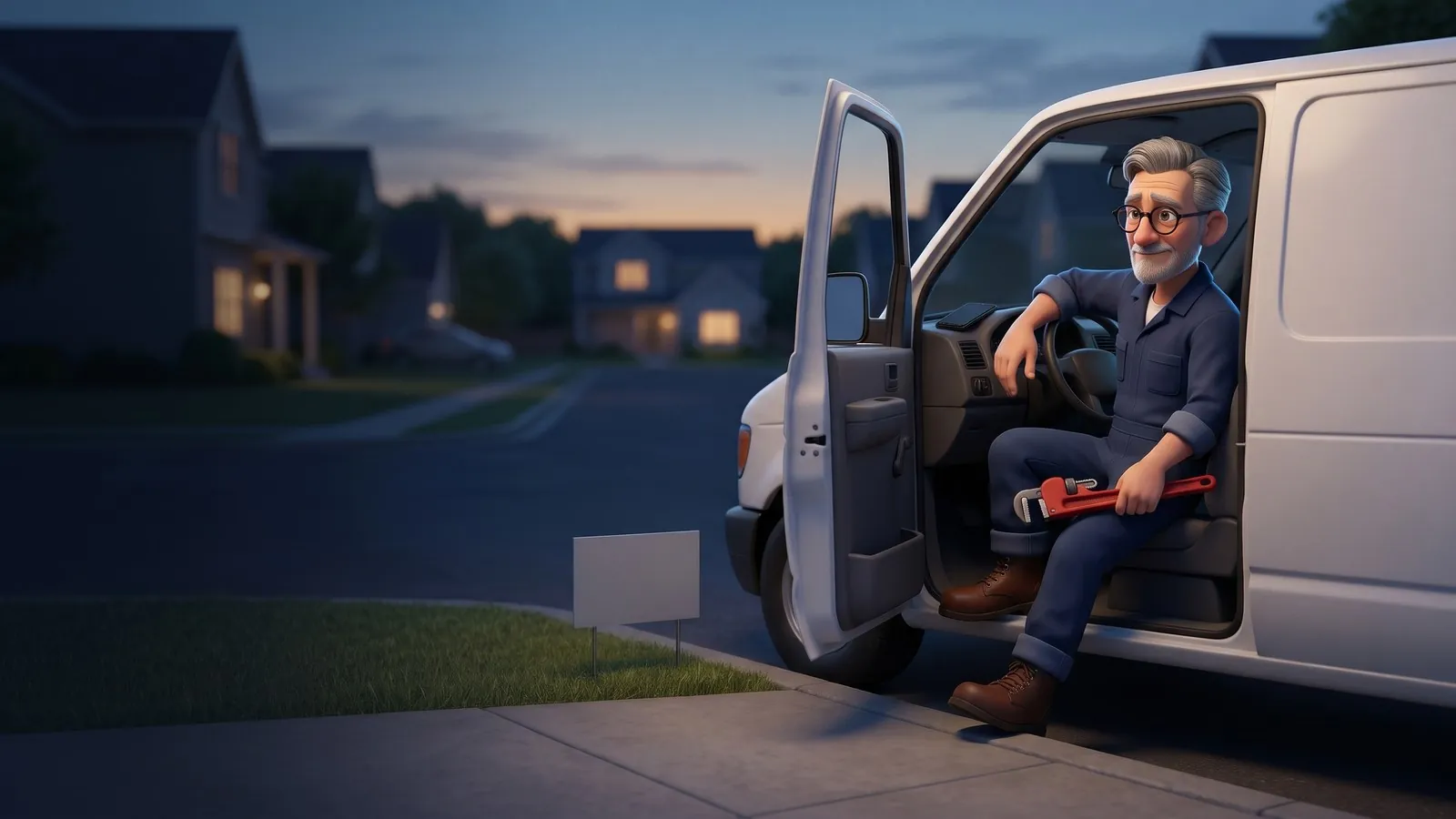 A plumber waits in his white van at a quiet curb at dusk, a dark phone on the dashboard and a small blank yard sign beside the road.