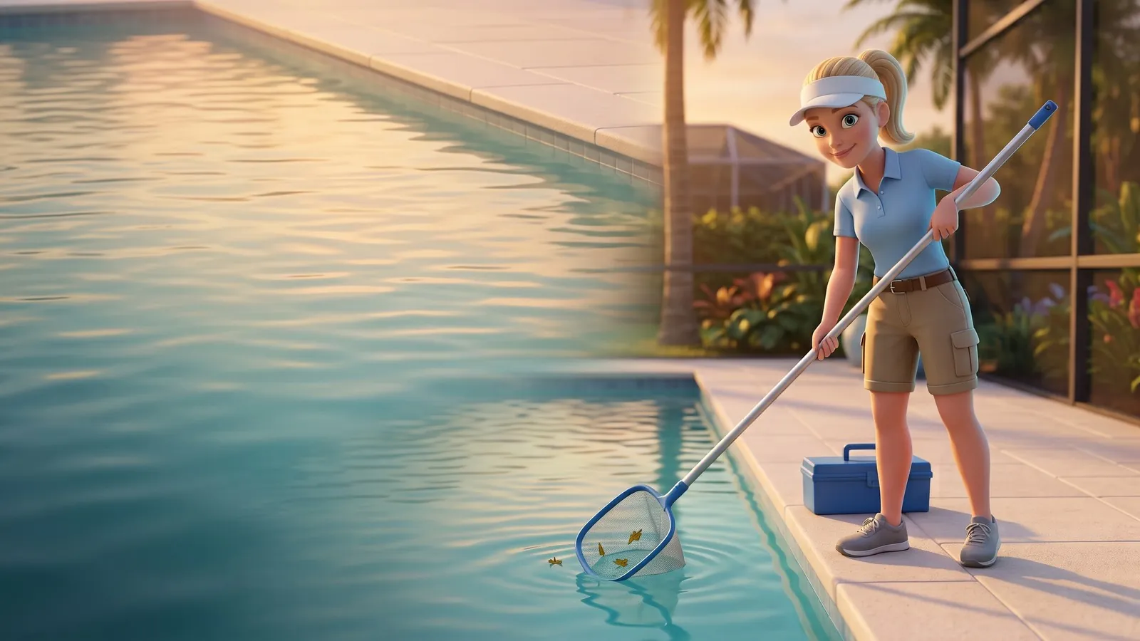 A pool service technician skims a backyard pool at golden hour, her blue toolbox on the deck beside her