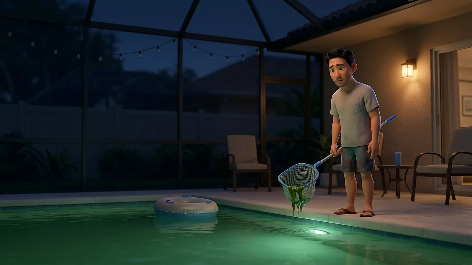 A man stands at the edge of a murky green pool at night, holding a net full of algae.