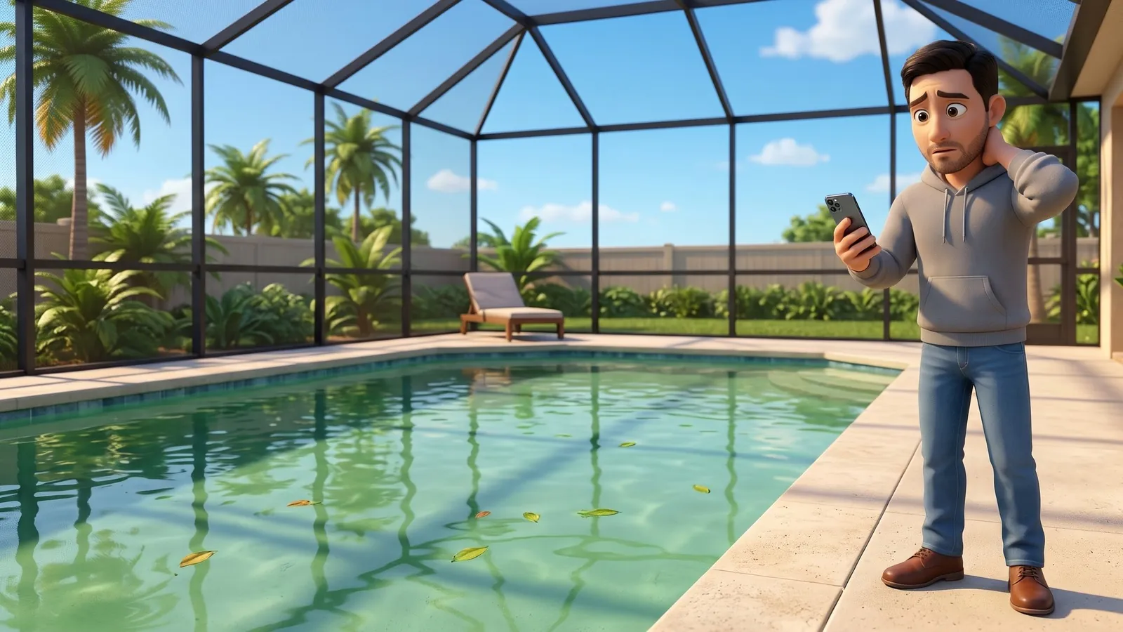 A pool owner in a polo shirt stands at the edge of a cloudy pool in bright daylight holding his phone and looking worried.