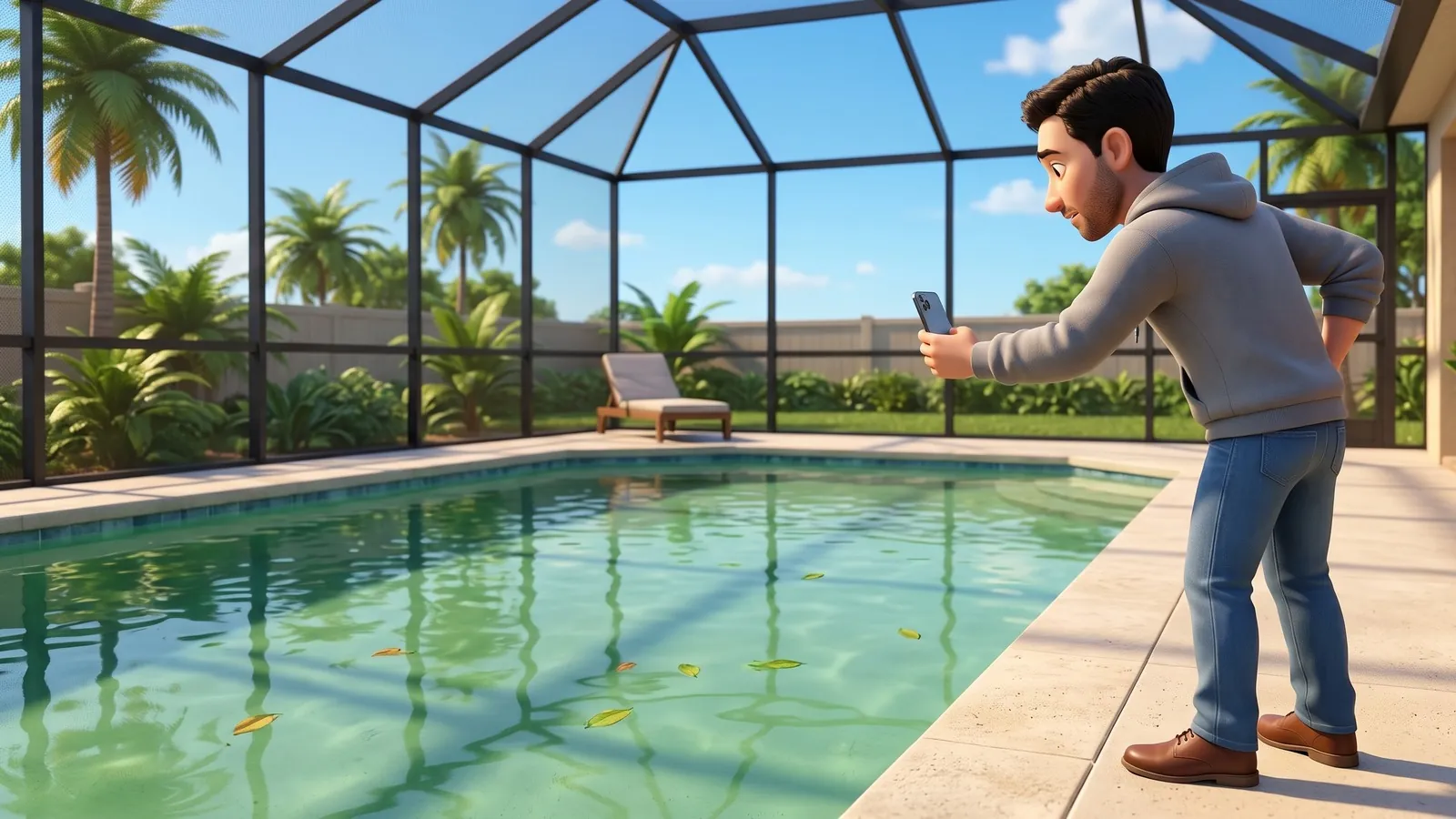 The pool owner crouches at the pool edge in bright daylight and holds up his phone to photograph the slightly green water.