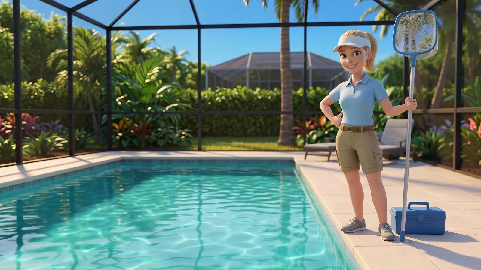 The pool service woman in a white visor smiles beside the clear, sparkling pool after the service in bright daylight.