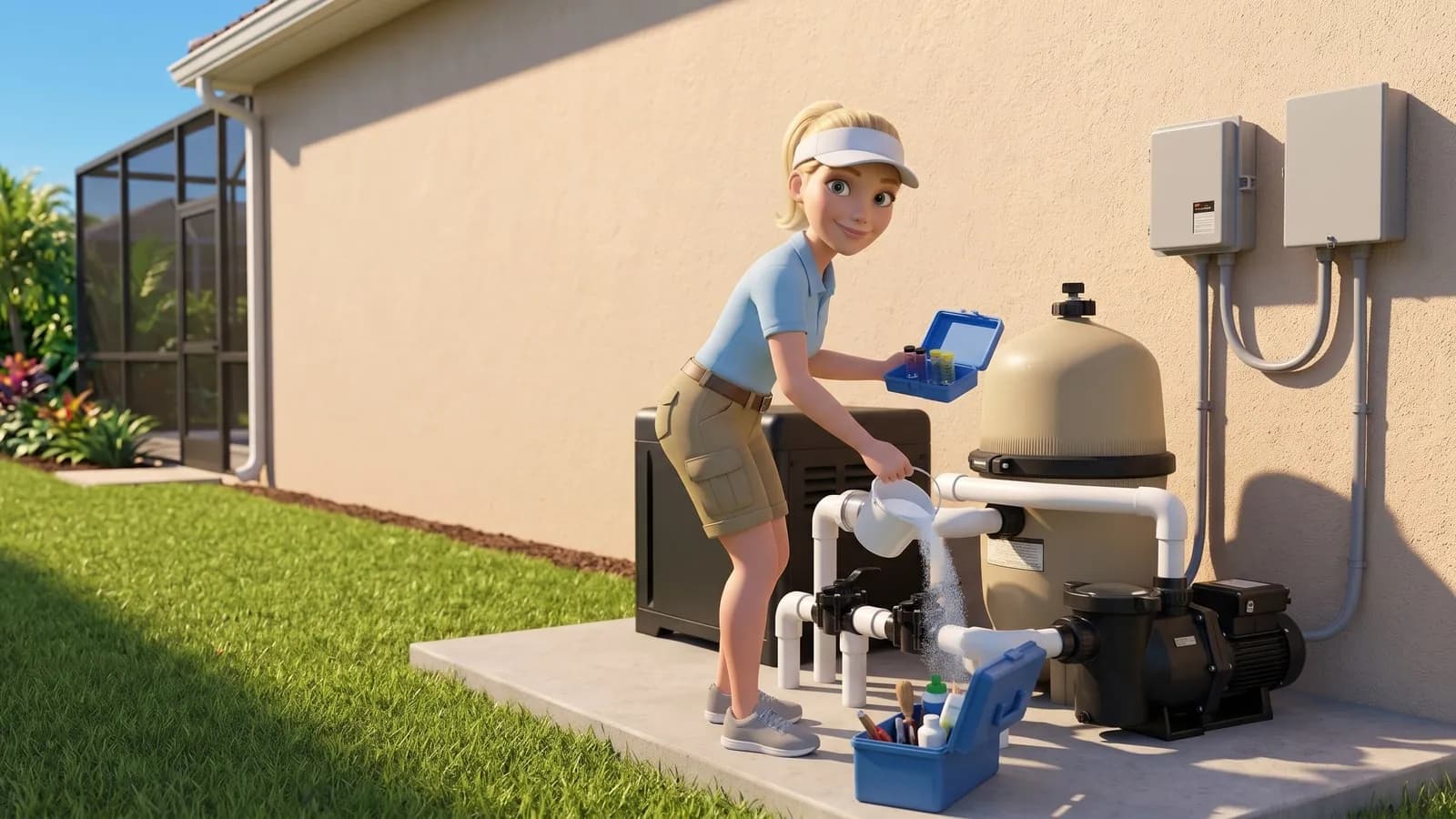 The pool service woman in a white visor and light-blue polo tests and balances the water at the equipment pad in bright daylight.