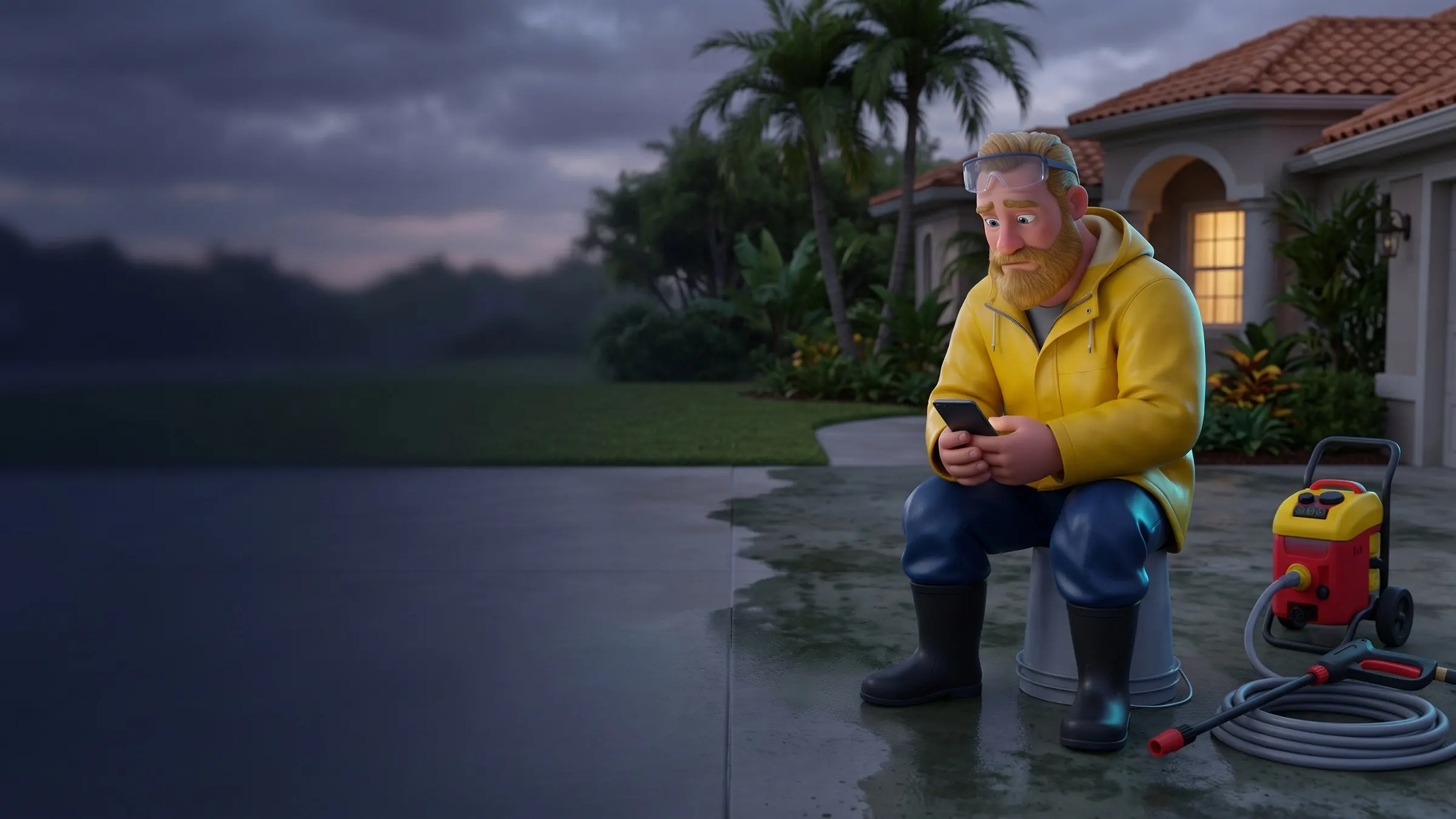 A worried pressure-washing pro sits on a bucket at dusk looking at a dark phone, his idle pressure washer and coiled hose beside him on a driveway.