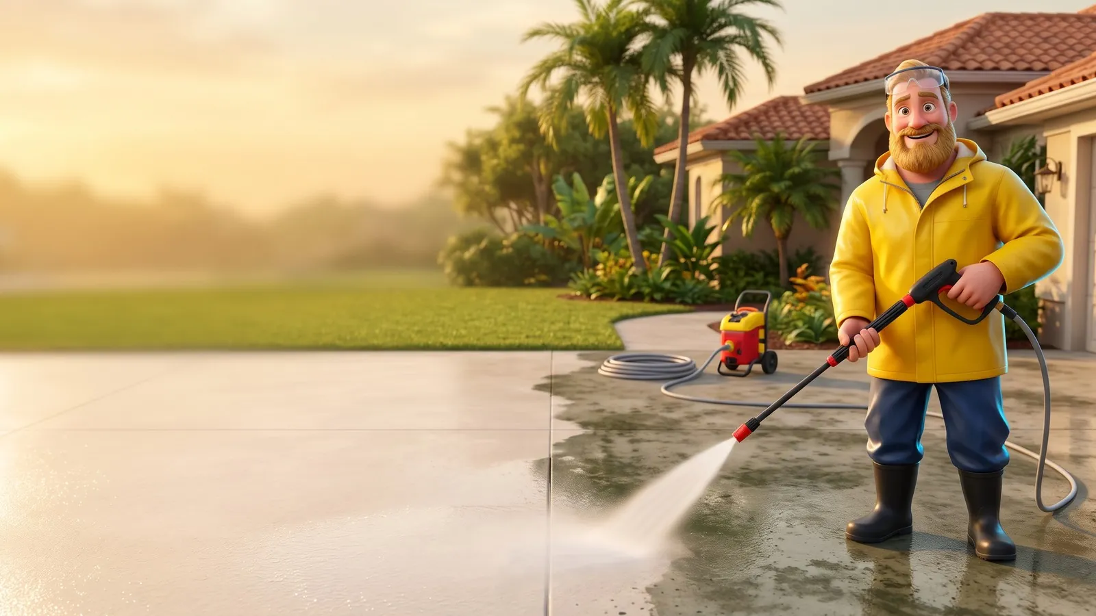 A smiling pressure-washing pro in a yellow jacket sprays a driveway, clean on one half and stained on the other.