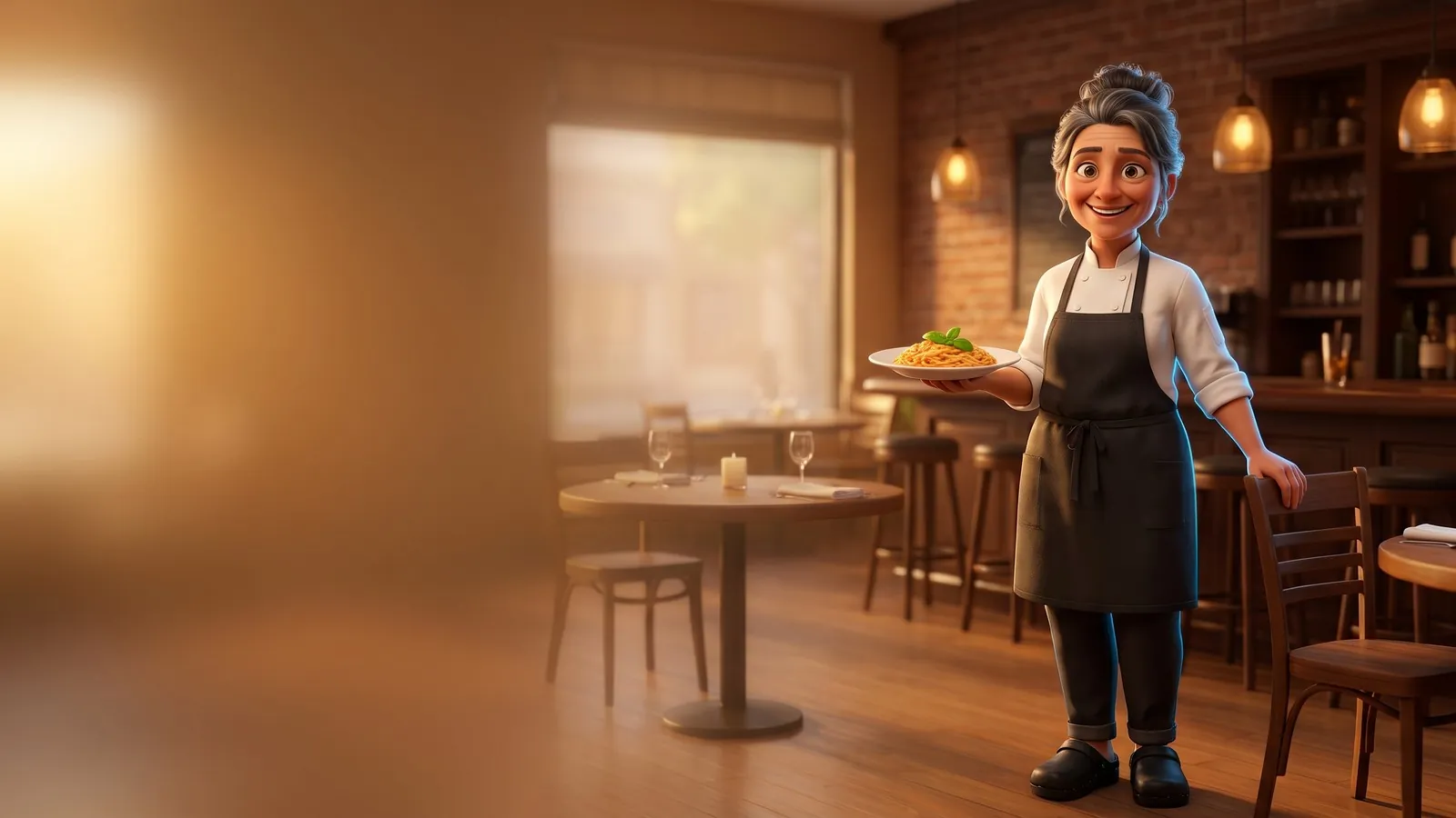 A smiling restaurant owner-chef in a white jacket and dark apron holds a plate of pasta in a warm dining room at golden hour.