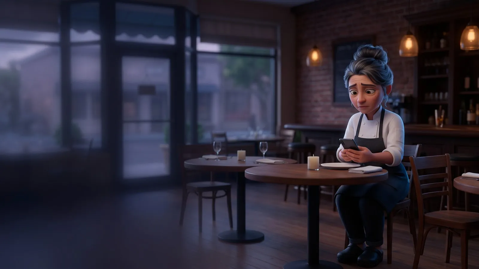 A restaurant owner-chef sits alone at a set table in an empty dining room at dusk, looking at a dark phone.