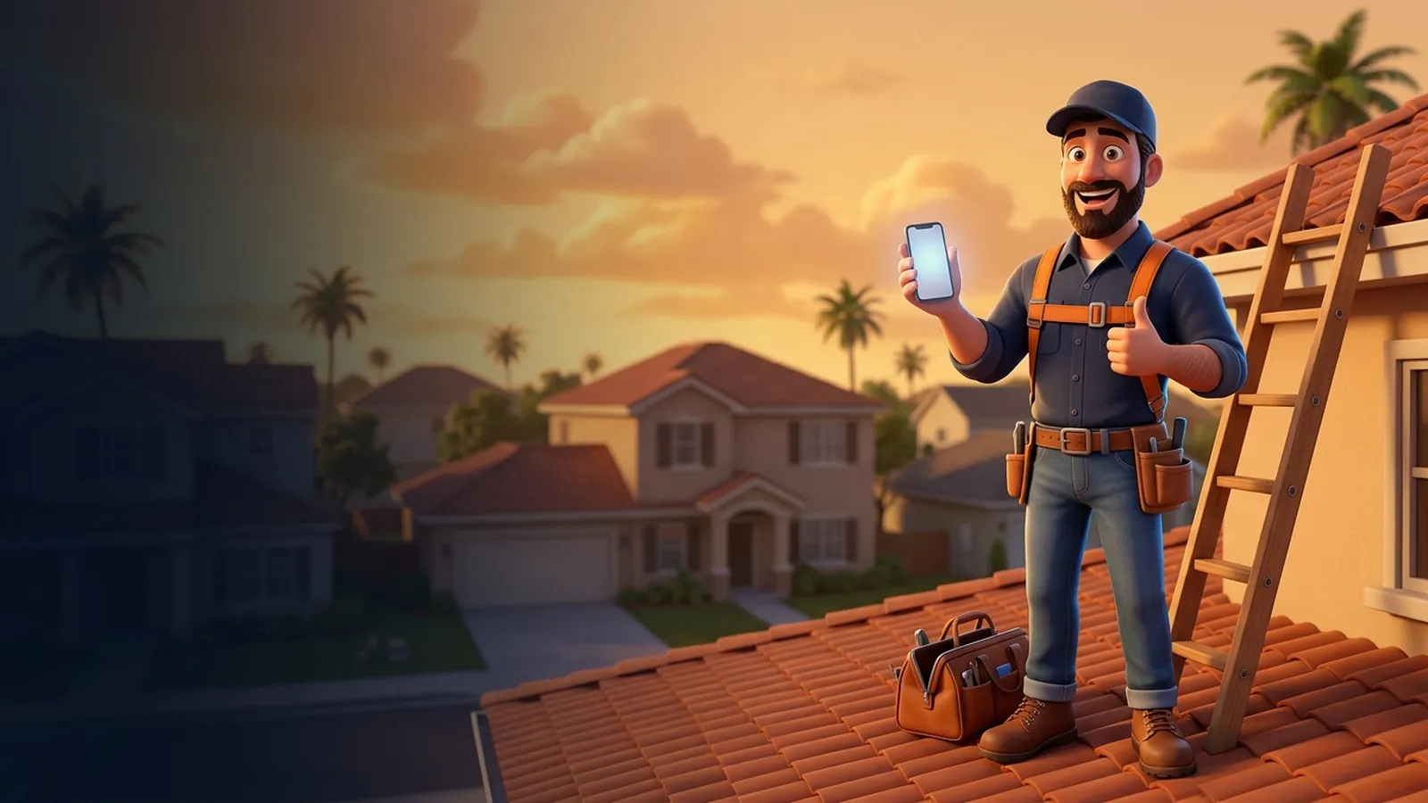 A smiling roofer in a harness stands on a tile roof at golden hour holding up a phone and a thumbs up, a ladder and tool bag beside him.