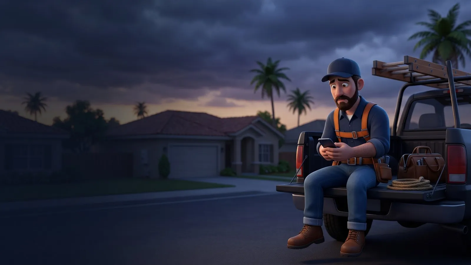 The quiet hour: a roofer on his truck tailgate at dusk with a dark phone