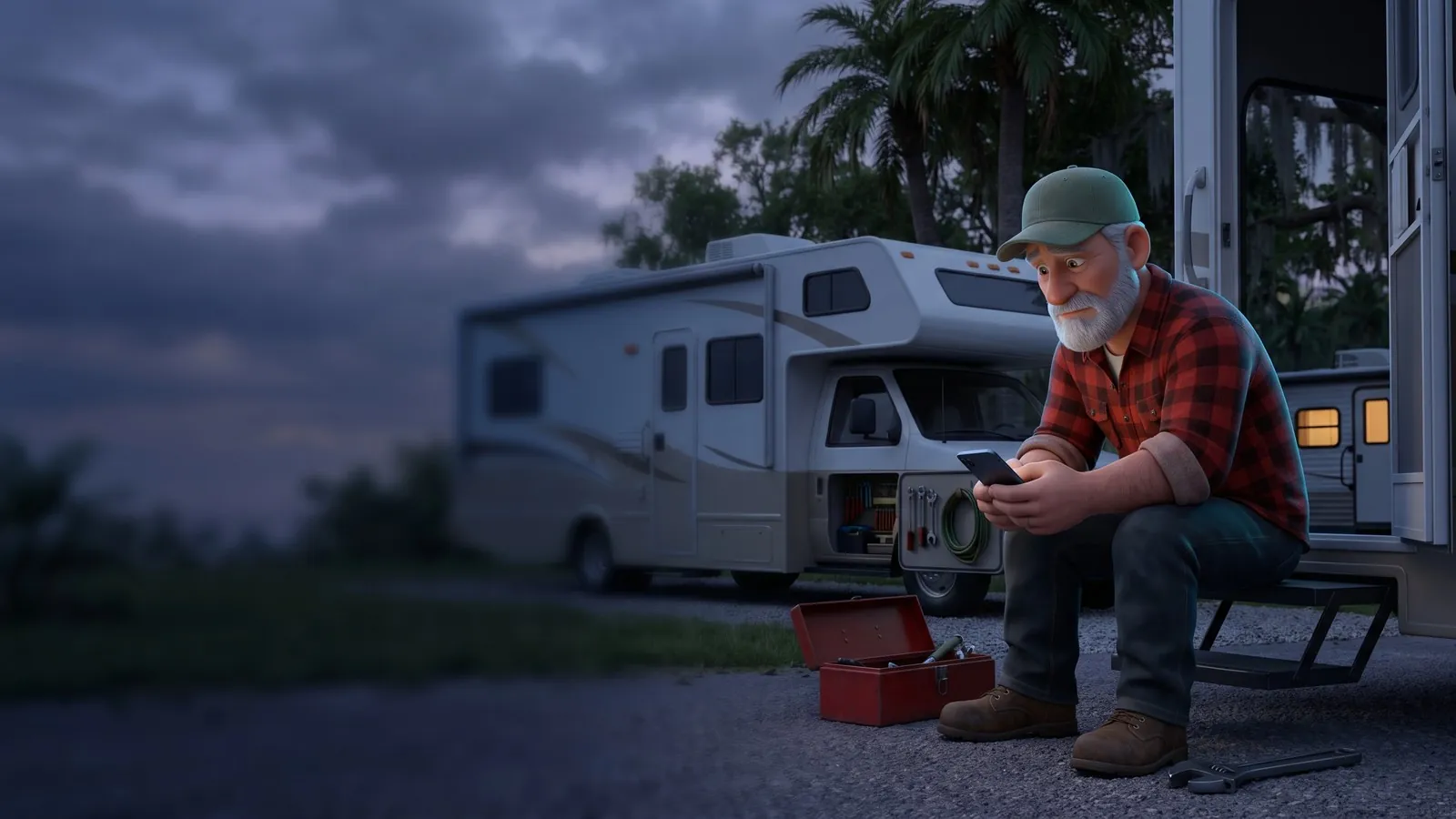 An RV technician sits on a motorhome's step at dusk looking at a dark phone, a red toolbox beside him.