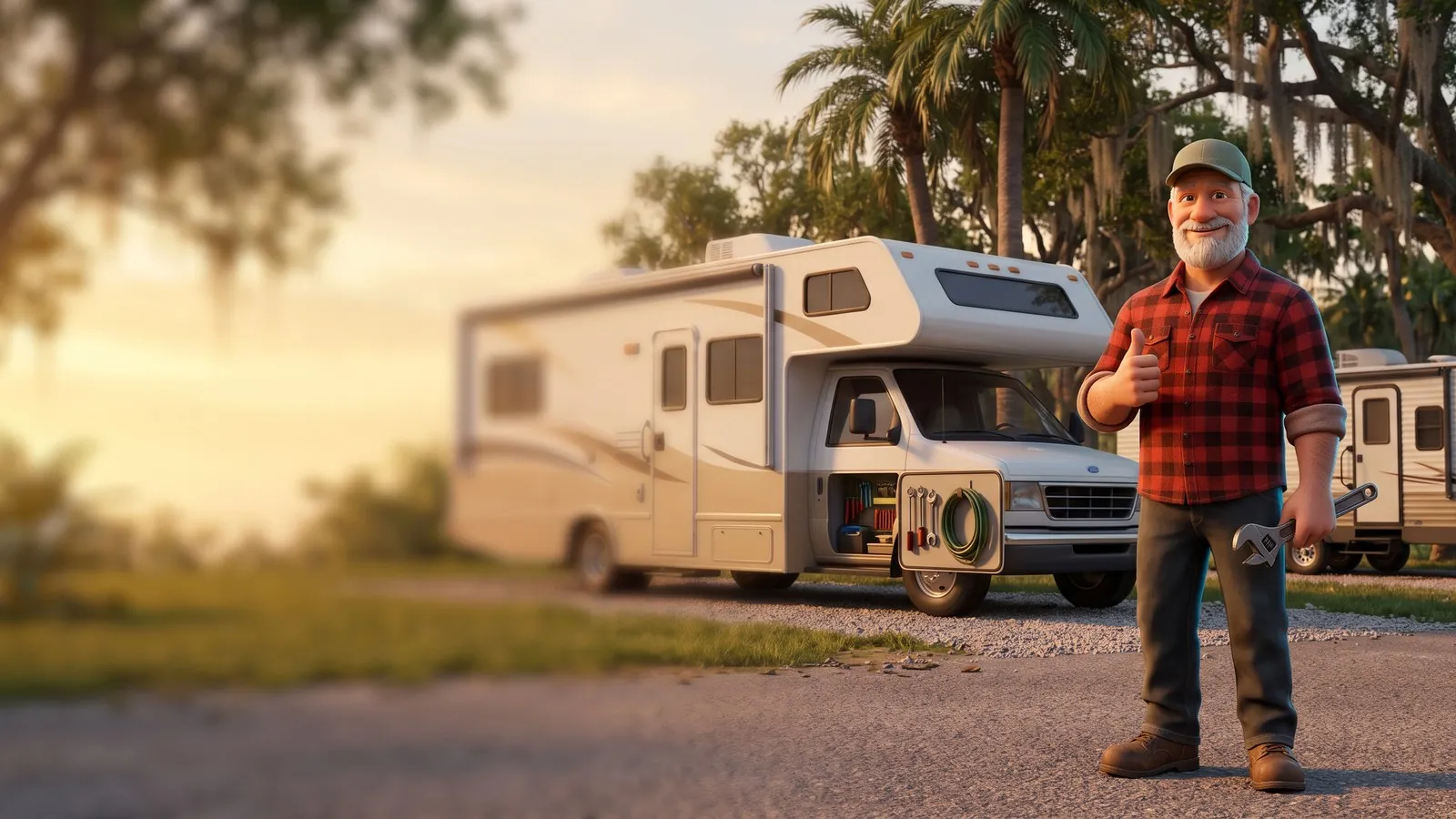 An RV technician in a green cap and flannel shirt gives a thumbs-up beside a motorhome at golden hour, a wrench in his hand.