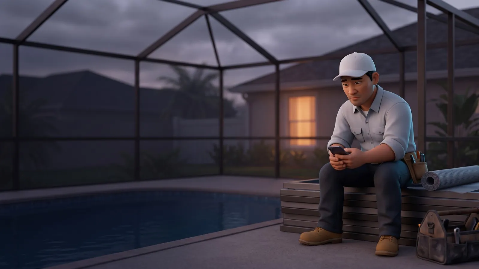 A worried installer on frame sections at dusk beside a pool cage, looking at a dark phone.