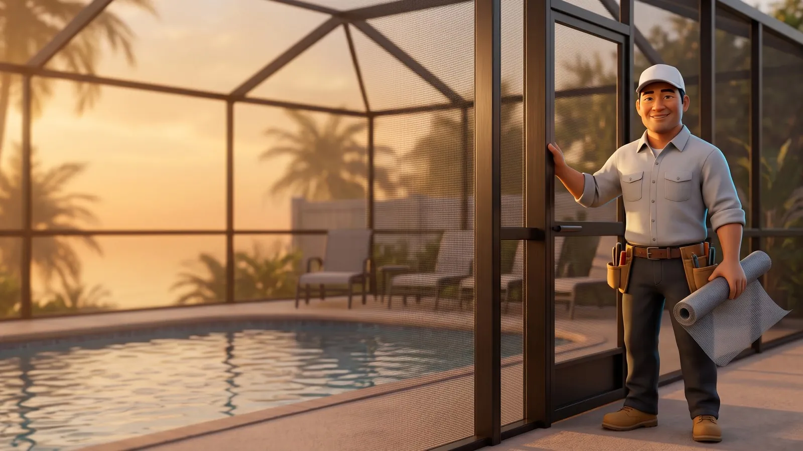 An installer in a white cap smiles beside a new bronze pool cage at golden hour holding a roll of screen mesh.