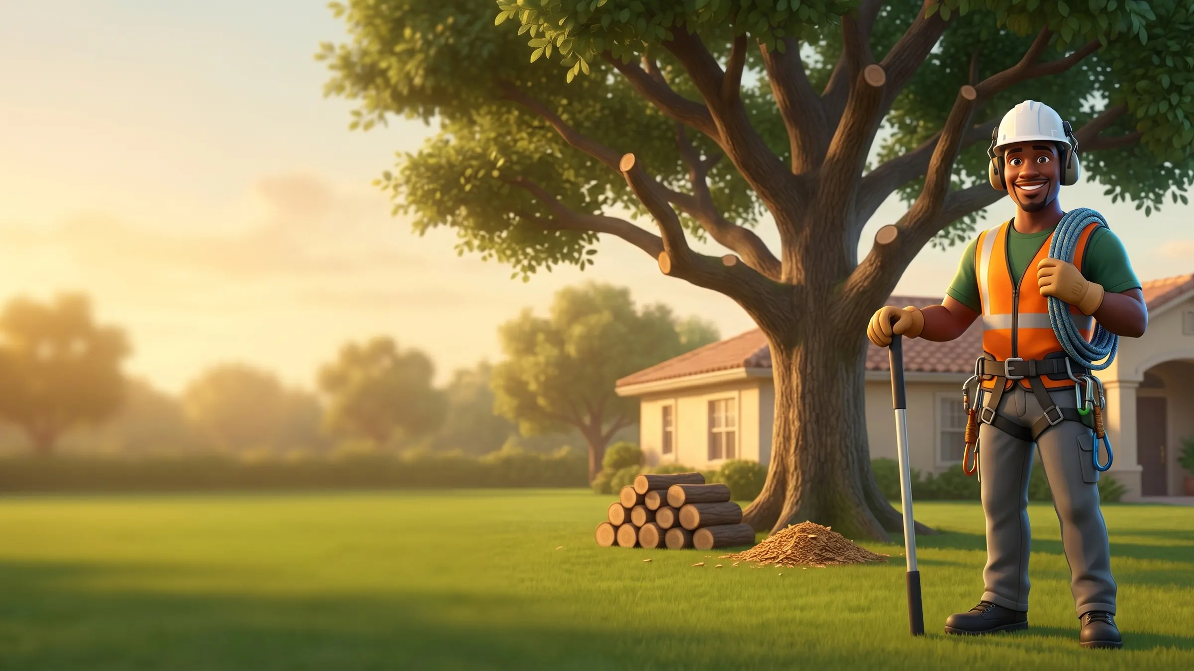 A tree-care professional in a white hard hat, orange vest and climbing harness smiles beside a freshly pruned oak at golden hour, a coil of climbing rope on his shoulder and a pole pruner at his side.