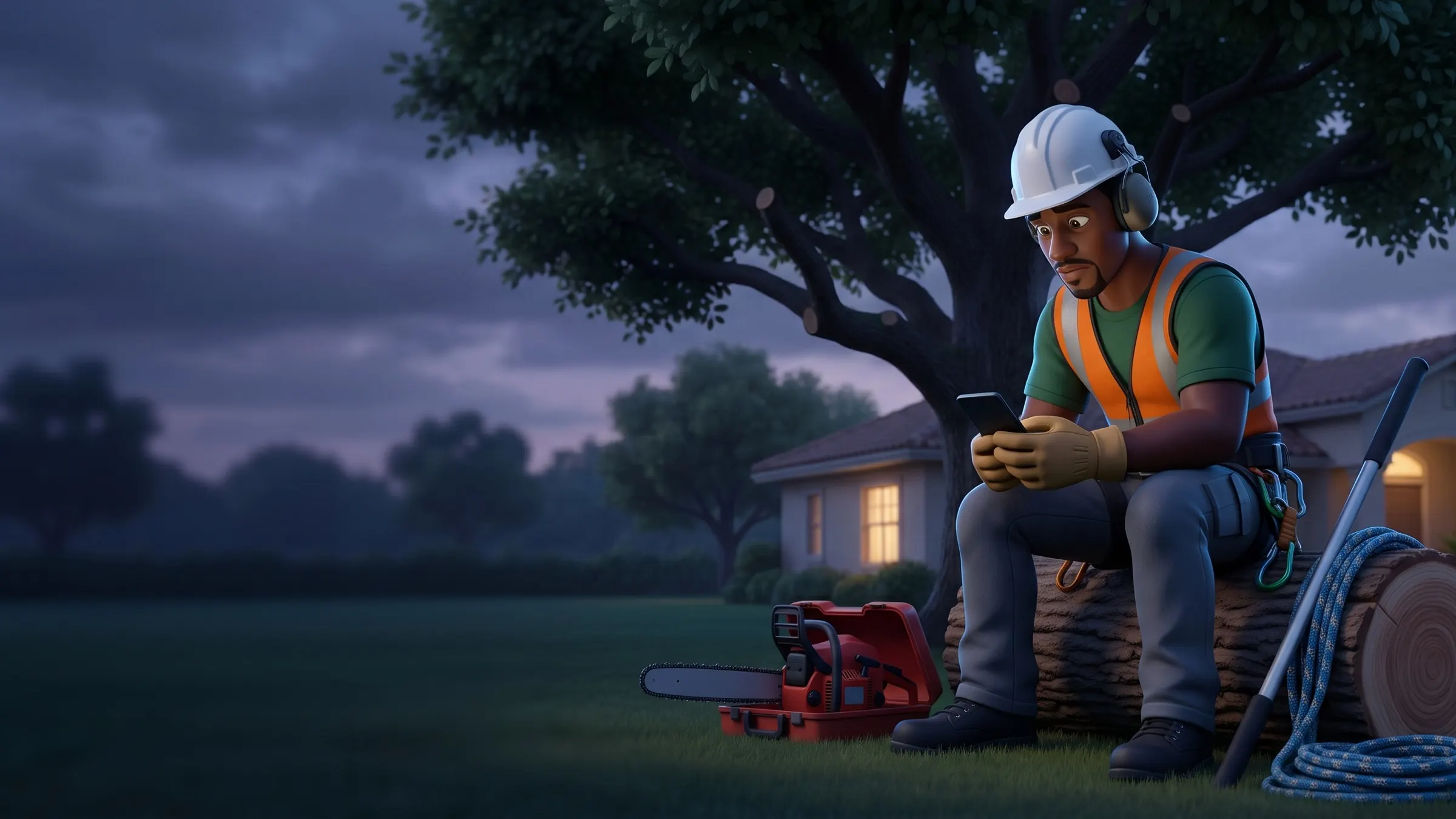 A worried tree-care professional sits on a cut log at dusk looking at a dark phone, a switched-off chainsaw in its case and a rope coil beside him.