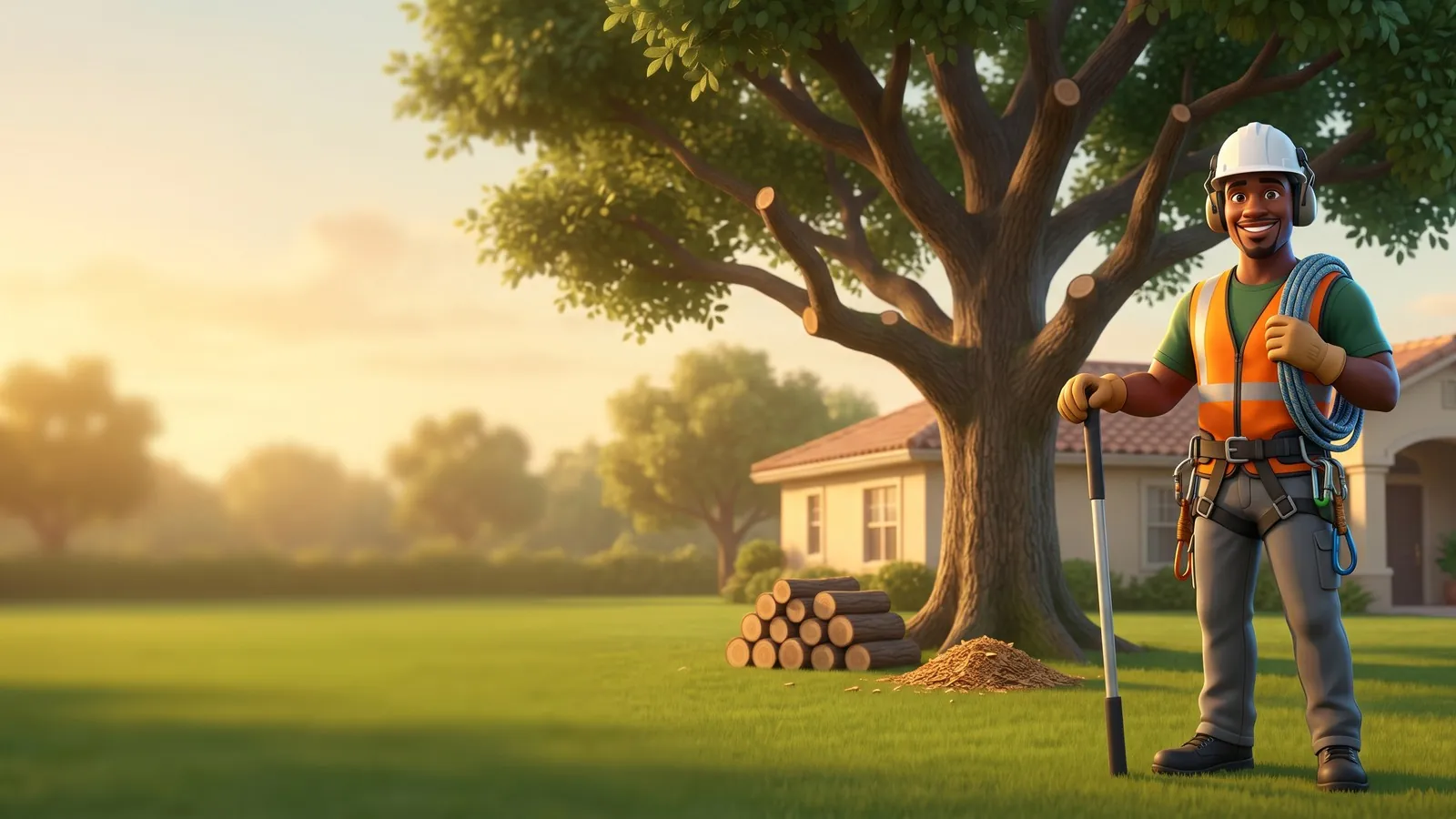 A tree-care professional in a white hard hat and orange vest smiles beside a freshly pruned oak at golden hour.