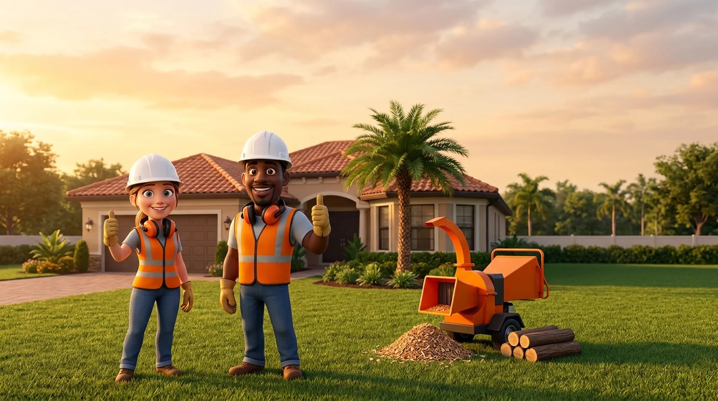 Illustration: two smiling tree-crew members in hard hats and orange vests give a thumbs-up on a freshly raked lawn, a tidy house behind them.