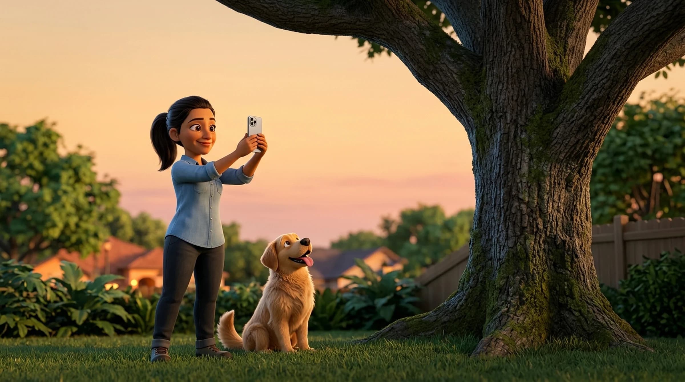 Illustration: a smiling homeowner in a denim shirt stands safely on the grass, well back from a huge mossy oak, holding up her phone, while a golden dog sits beside her looking up with its tongue out.