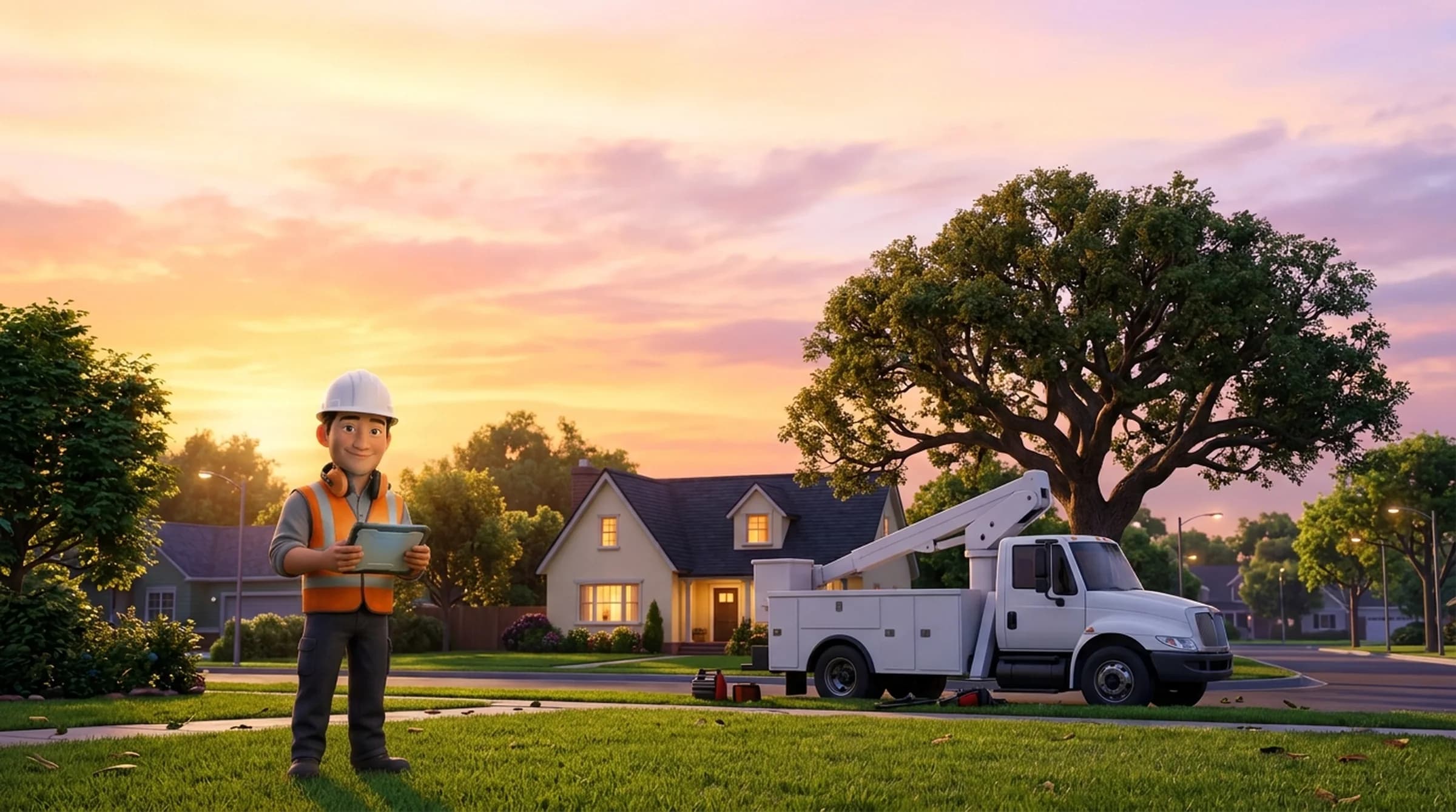 Illustration: a friendly arborist in a white hard hat, orange vest and ear protection holds a tablet on a sunset suburban lawn, a white bucket truck and a mature oak behind him.