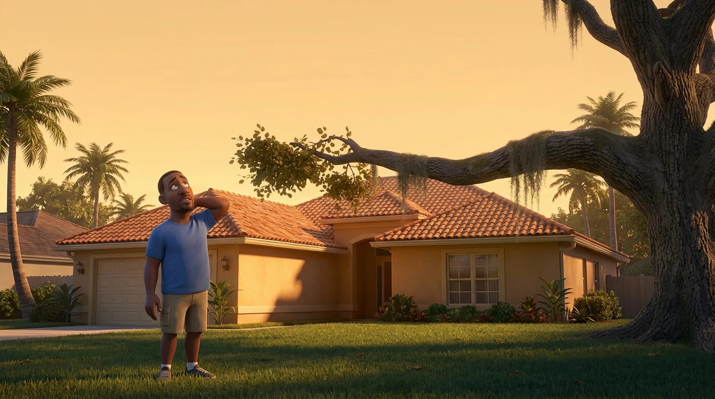 Illustration: a worried homeowner in a blue t-shirt stands on his lawn at golden hour, hand on the back of his neck, looking up at a huge mossy oak limb that sags over the terracotta-tile roof of his Florida home.